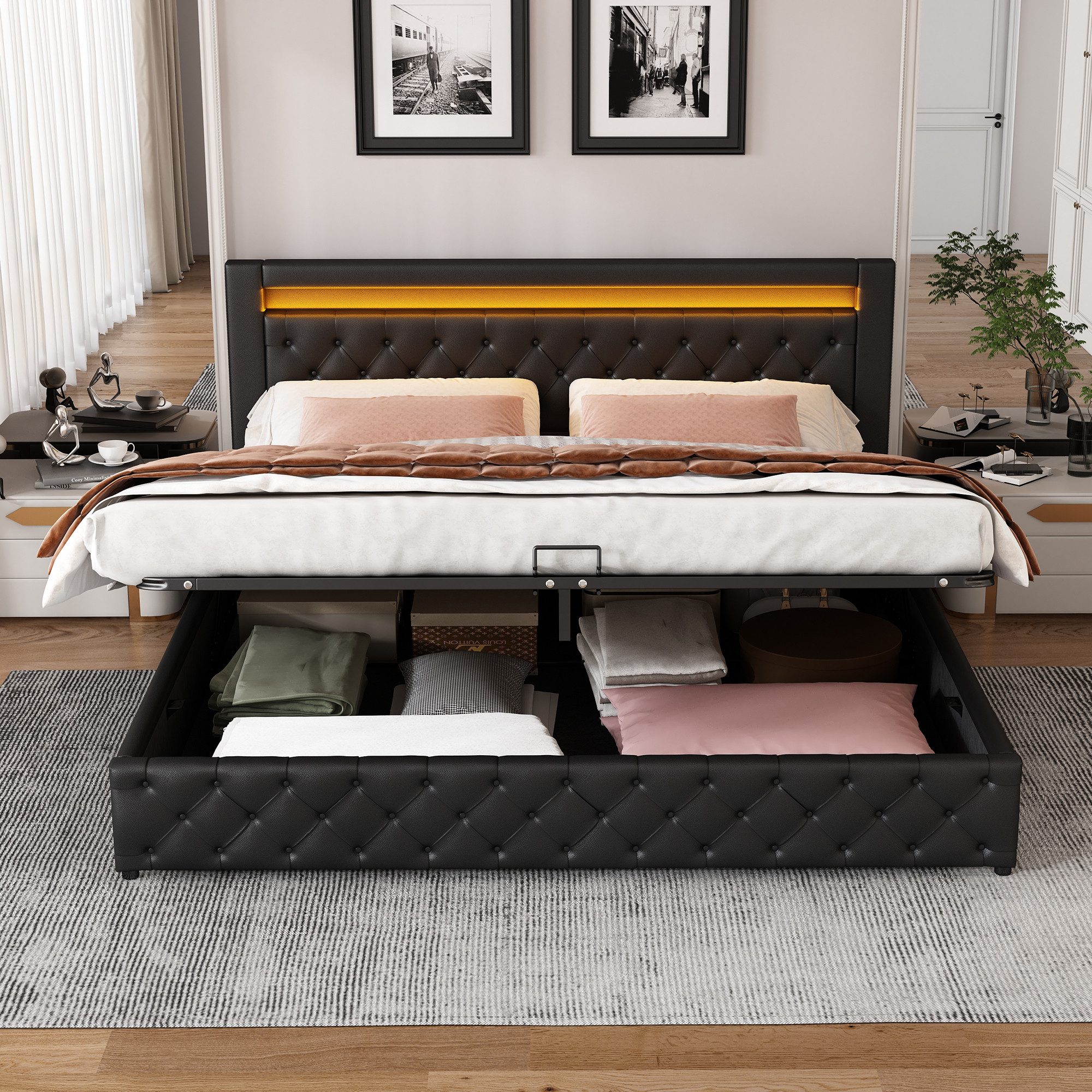 Flieks Polsterbett, LED-Beleuchtung Kunstleder Doppelbett Stauraum 140x190cm