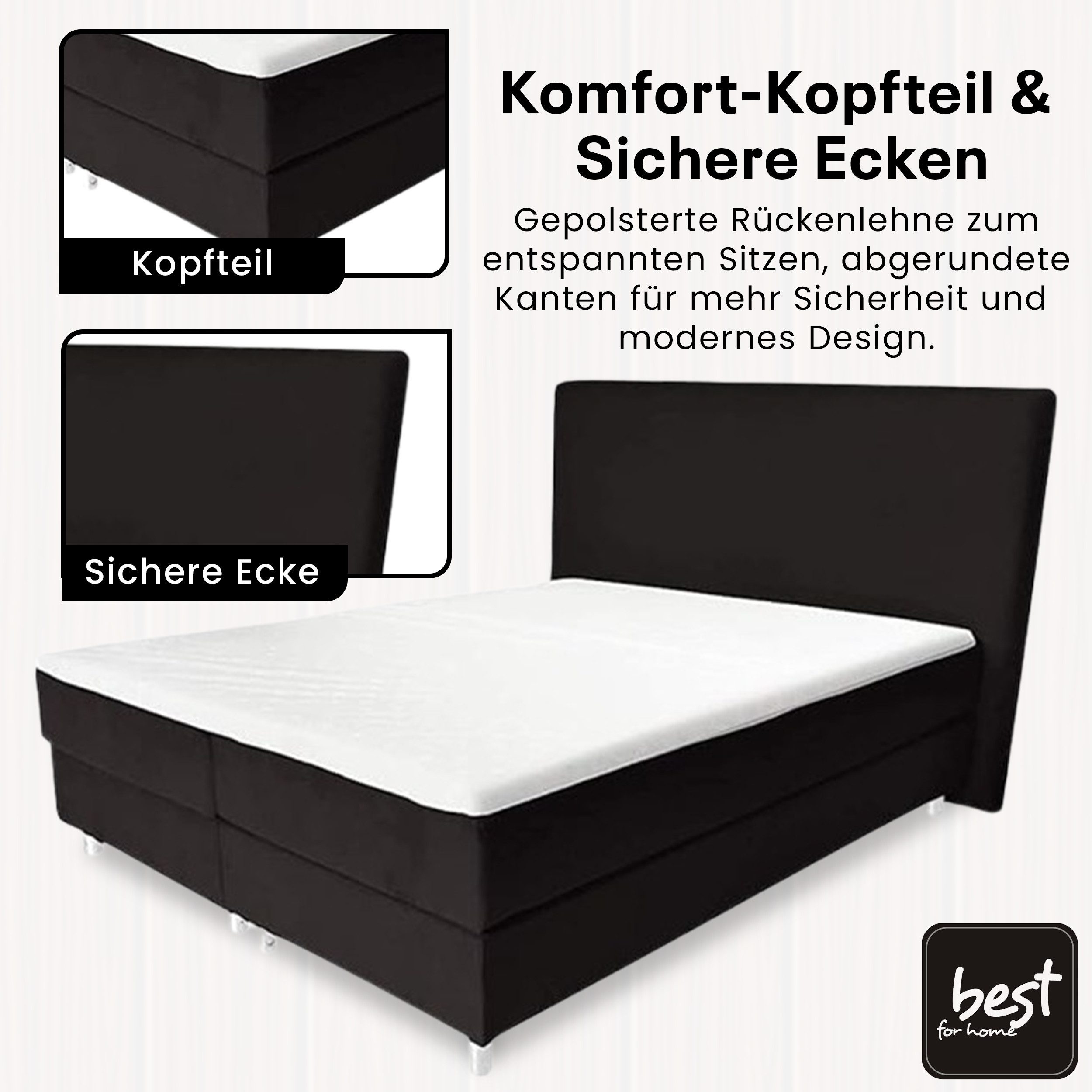 Best for Home Boxspringbett Amelia Polsterbett mit 7-Zonen-Taschenfederkernmatratze und Topper (Komplettset (Boxspringbett inkl. Matratze & Topper), 4-St., 140x200 160x200 180x200 200x200 cm), Handwerksqualität,TOP- Preis-Leistungs-Verhältnis