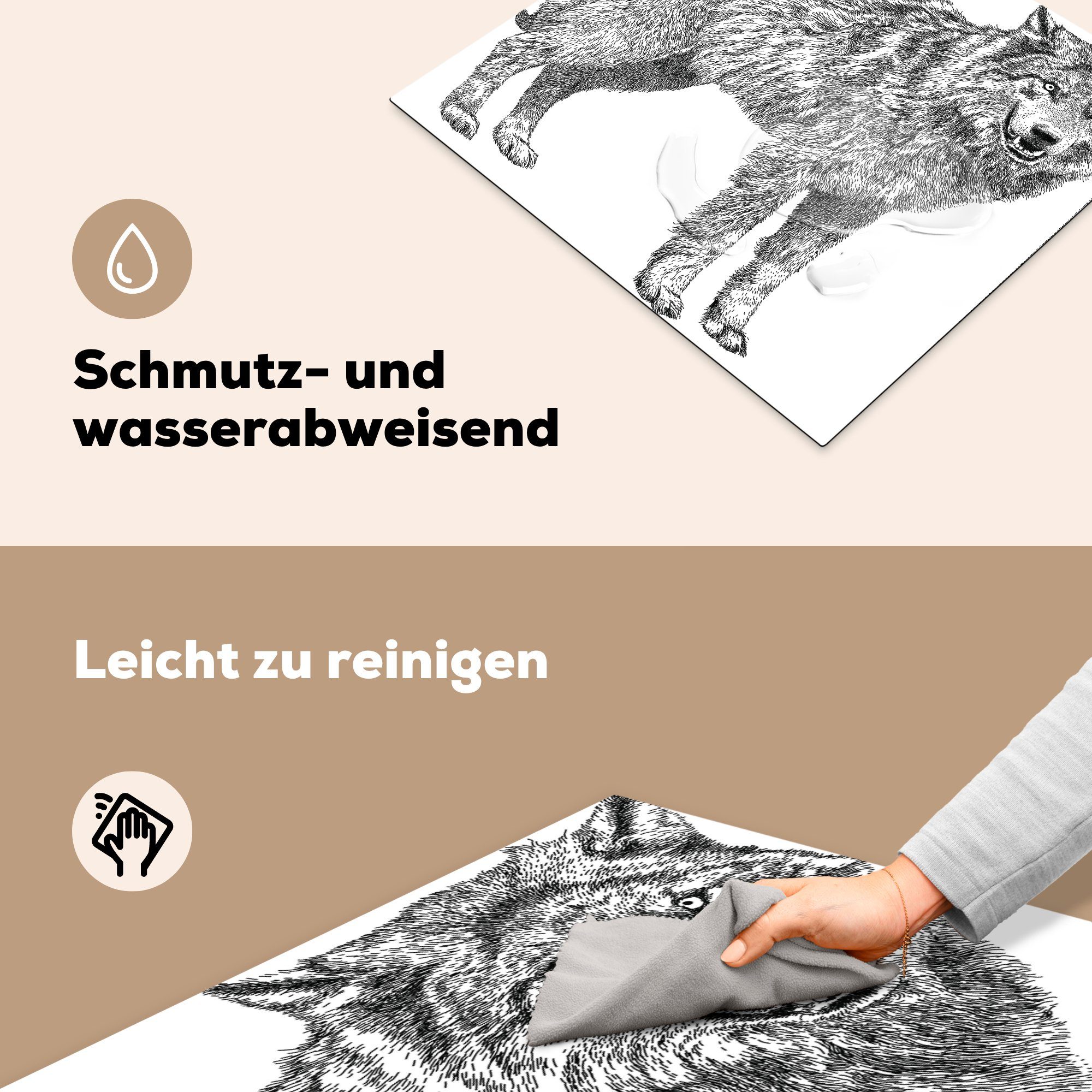 MuchoWow Herdblende-/Abdeckplatte Ceranfeldabdeckung (1 Induktionskochfeld, Skizze, 57x51 Induktionsschutz, Weiß - Wolf - tlg), cm, Vinyl