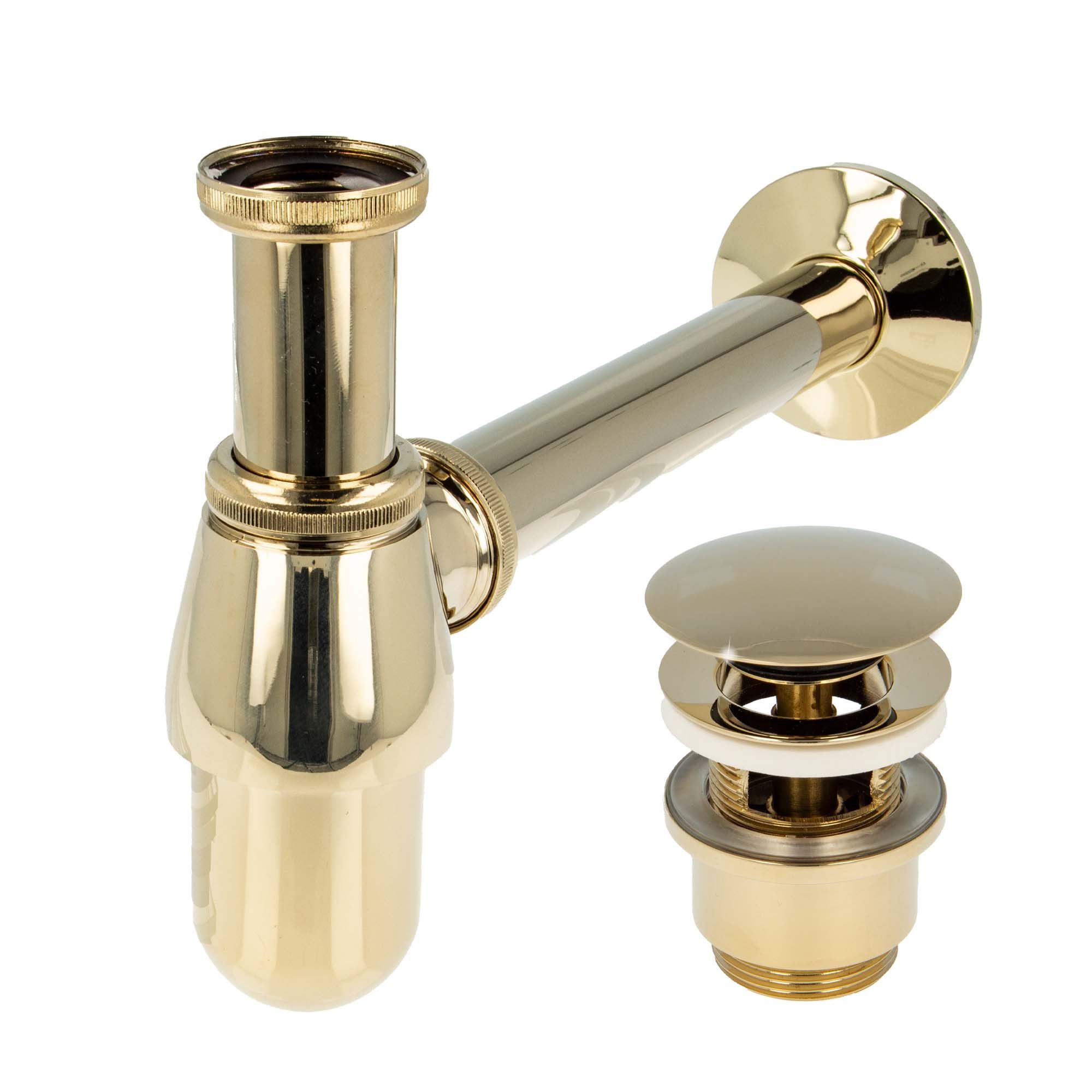 tecuro Siphon Siphon mit Pop Up Ablaufventil vergoldet, (Ablaufventil und Flaschensiphon)