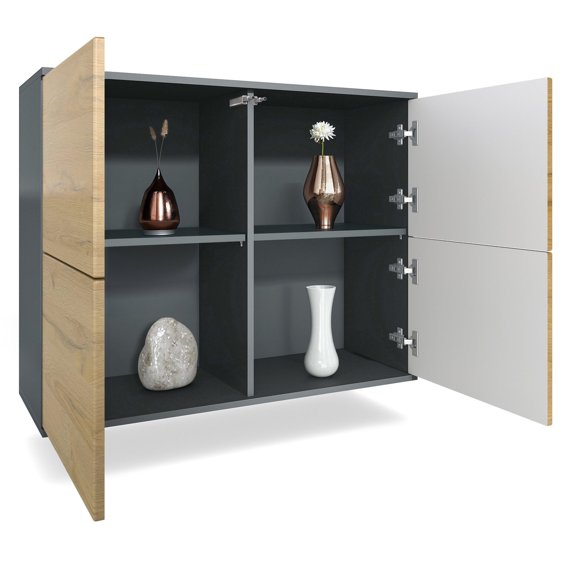 Vladon Kommode Rova V3 (Moderner Küchenschrank, mit 4 Push-to-Open Türen), Anthrazit matt / Schwarz Hochglanz (92,5 x 73.5 x 35)