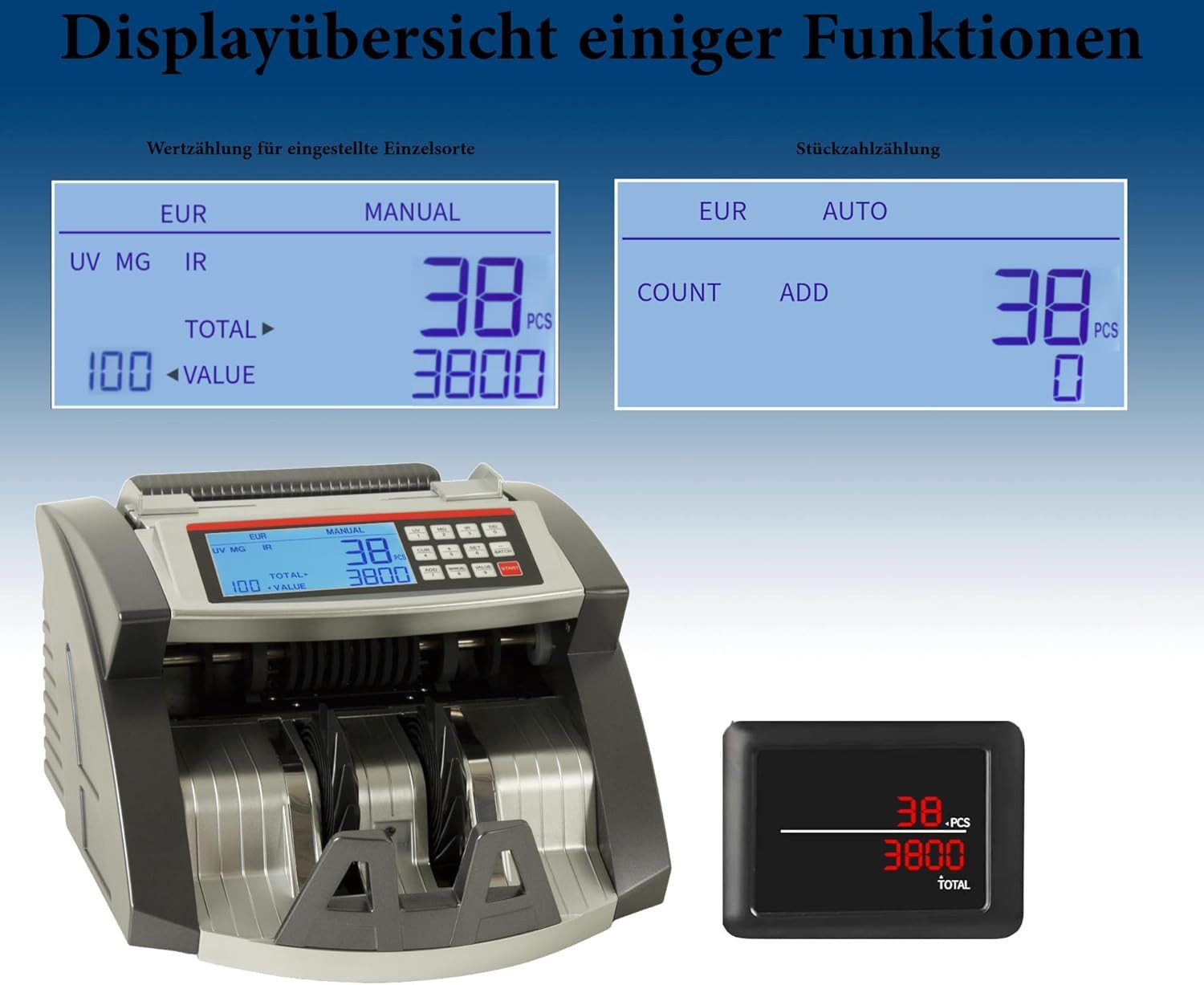Securina24 Banknotenzähler Geldzählmaschine Banknotenzähler Wertzähler für Einzelsorten SR3800