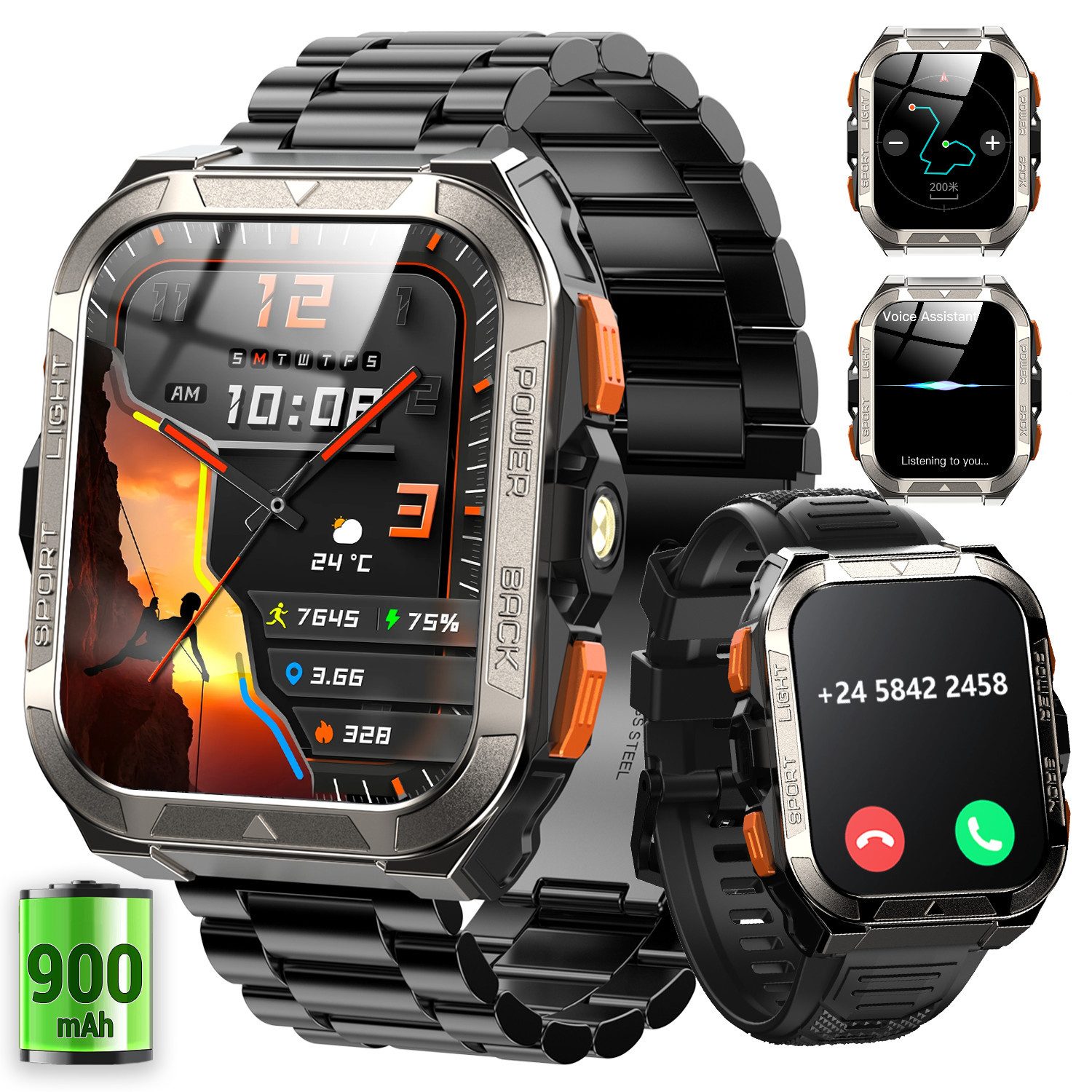 blackview GPS Herren-Smartwatch 2026 mit Taschenlampe & Kompass, Bluetooth-Anrufe Smartwatch (1.91 Zoll, IOS/Android), 1-tlg., 2×Riemen (Silikonband + gewebtes Band) 1×magnetisches Ladekabel, Herzfrequenz-/SpO2-/Blutdruck, ChatGPT, Übersetzerfunktion, IP68