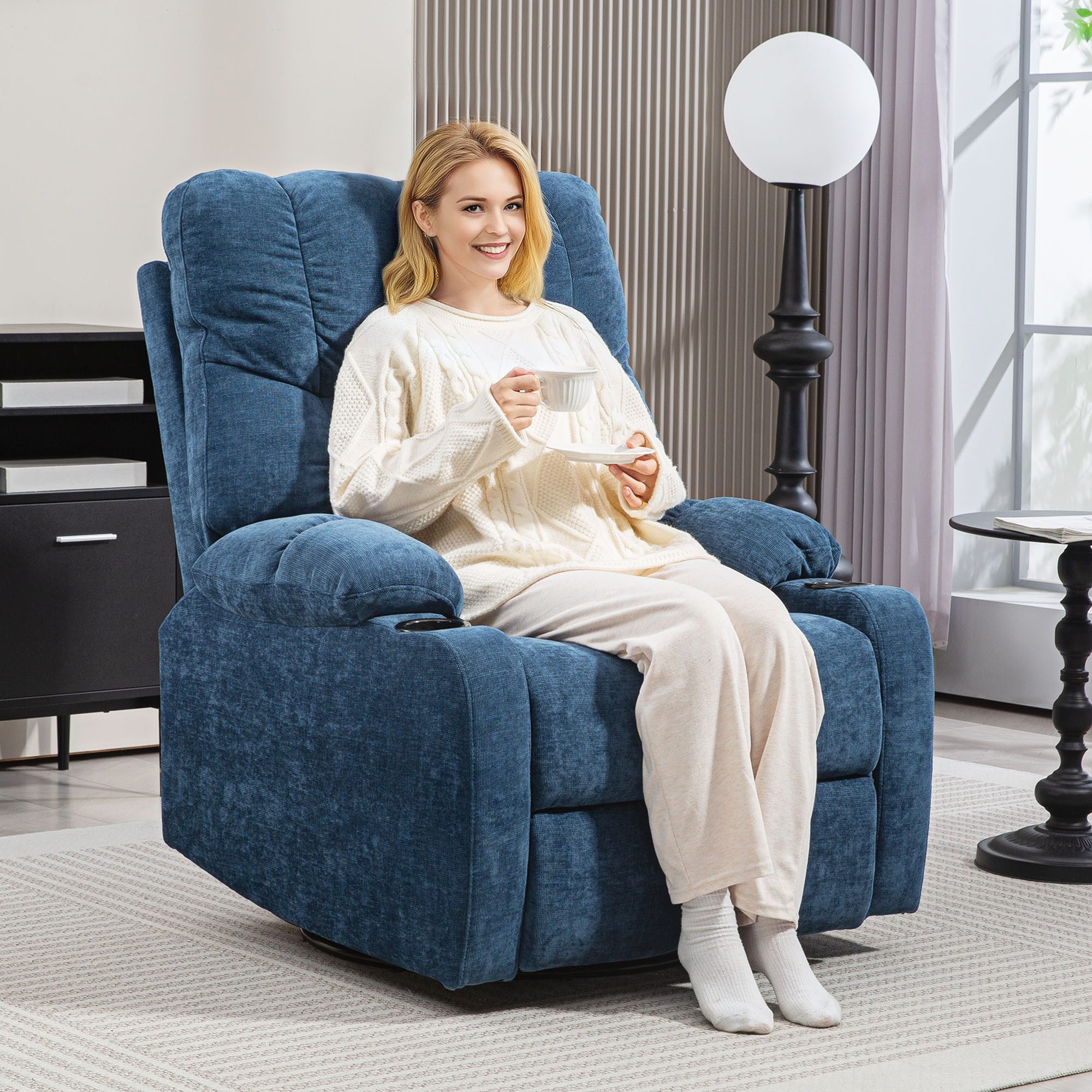 HOMCOM Relaxsessel Fernsehsessel mit Liegefunktion, Schaukelfunktion (Drehbar TV-Sessel mit Fußstütze, 1-St., Taschenfederkern, Becherhalter), für Wohnzimmer, Dunkelblau