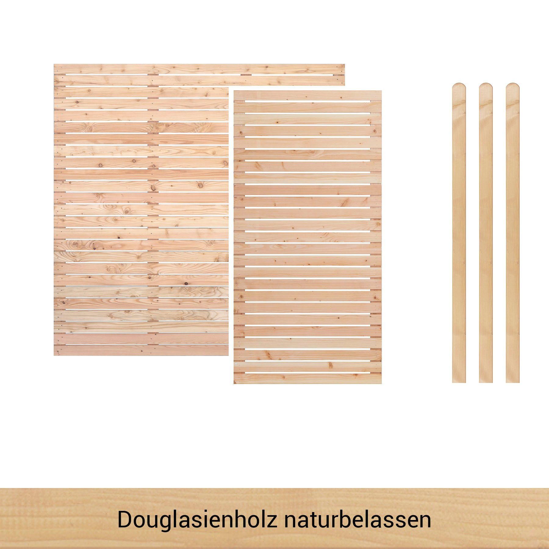 BM Massivholz Zaun Kurt Set 1.1, (Set), 1 Element 180 x 180cm, 1 Element 90x180cm, 3 Pfosten, Länge 190cm