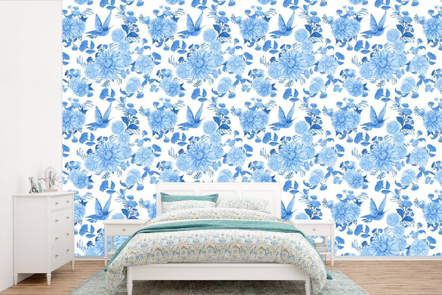 MuchoWow Fototapete Blumen - Rosen - Blau - Muster, Matt, bedruckt, (6 St), Wallpaper für Wohnzimmer, Schlafzimmer, Kinderzimmer, Vinyl Tapete