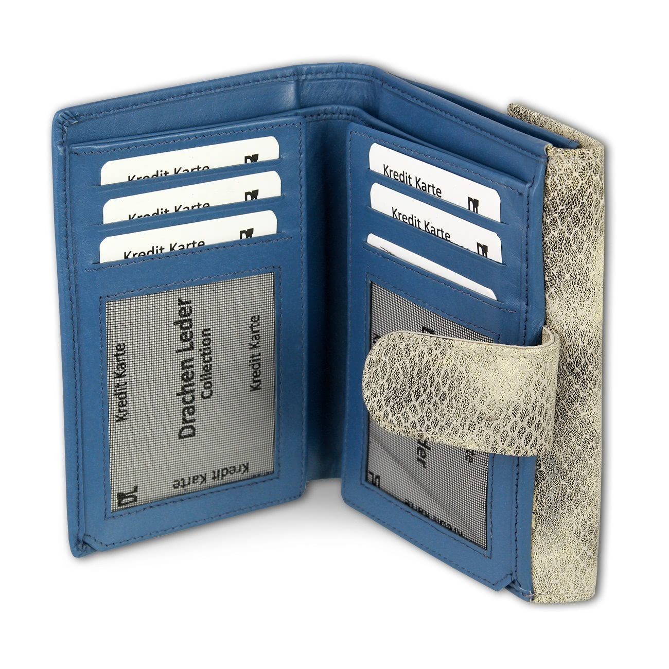DrachenLeder Geldbörse DrachenLeder Börse Brieftasche blau (Portemonnaie, Portemonnaie), Damen, Jugend Portemonnaie Echtleder Größe ca. 10cm, blau, grau, Schla