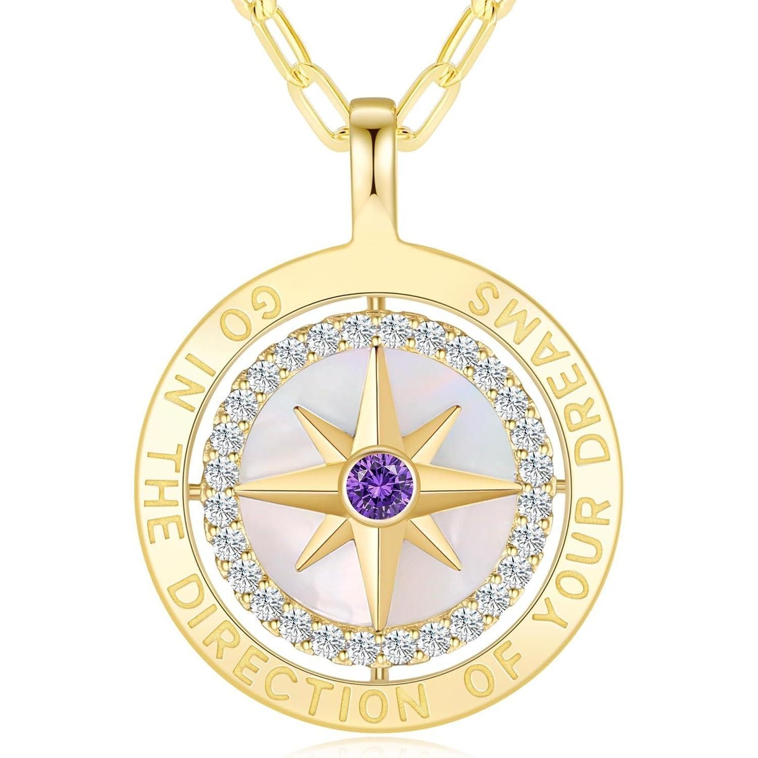 Kette mit Anhänger Halskette Damen Silber 925 Kompass Anhänger Zirkon Vergoldet-02-Feb