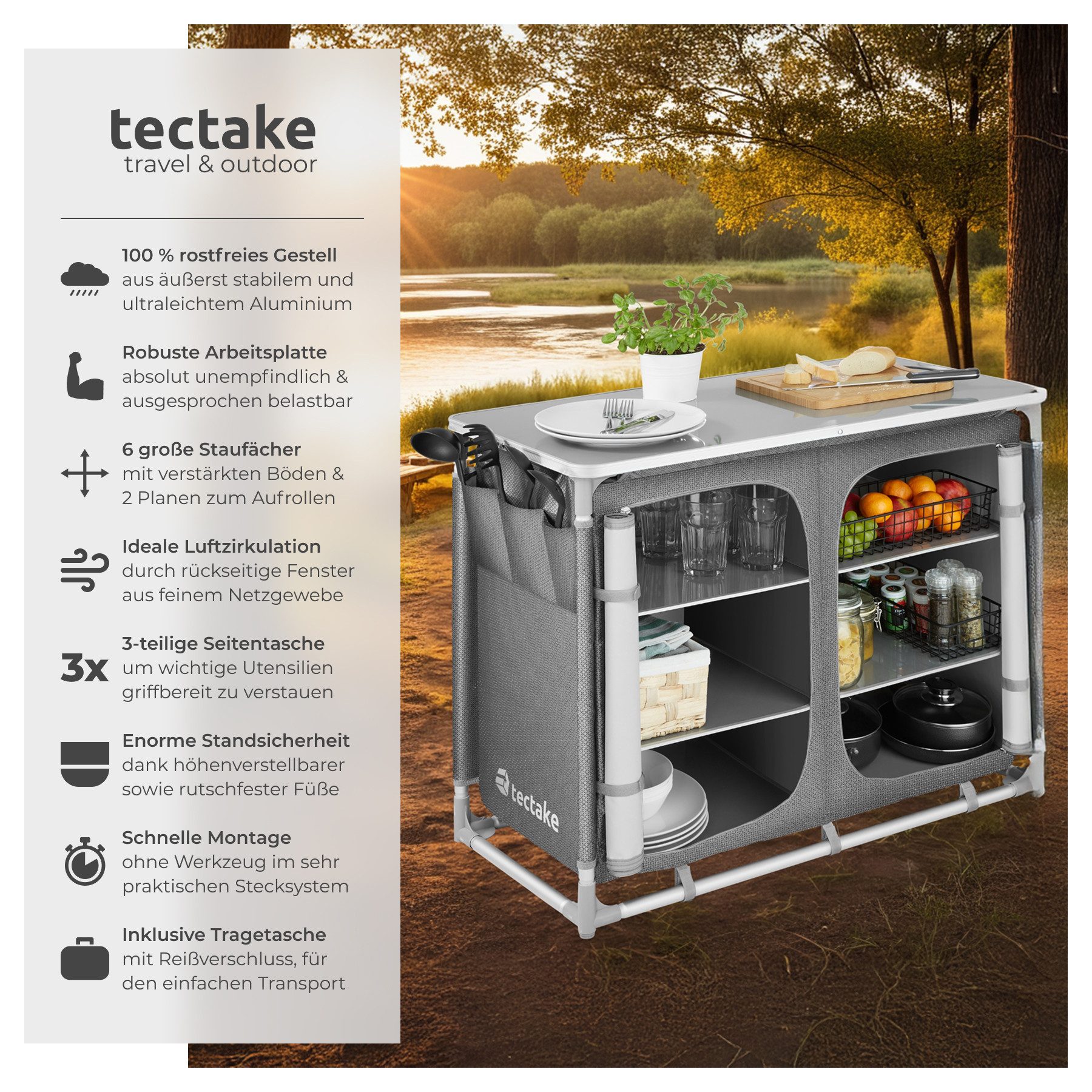 tectake Campingtisch Campingschrank Deluxe mit 6 Fächern (1-St., 1 tlg), Dr günstig online kaufen