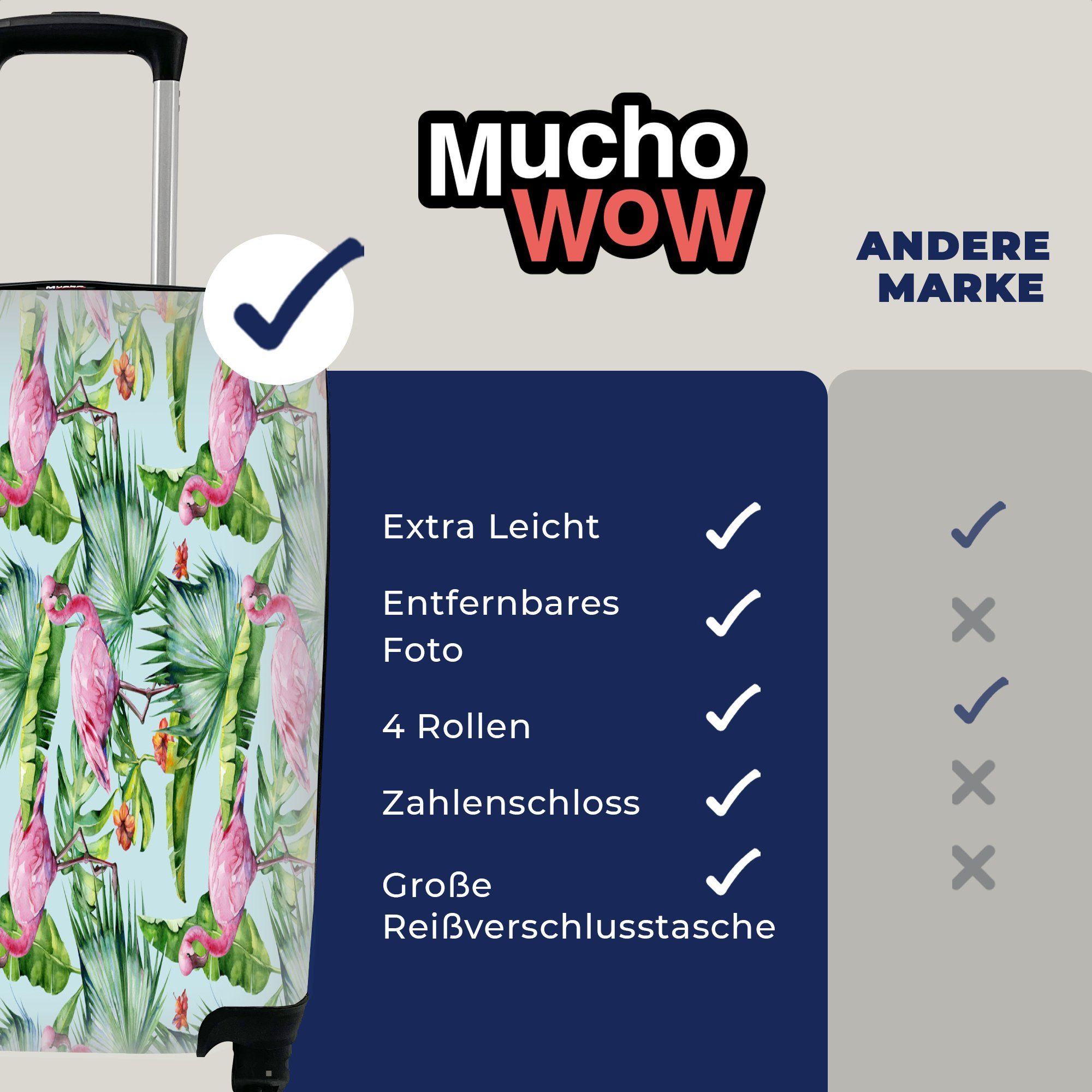 Handgepäck - Handgepäckkoffer Flamingo Reisekoffer Hibiskus - für Reisetasche rollen, mit Trolley, Ferien, - Blumen MuchoWow 4 Rosa, Rollen,