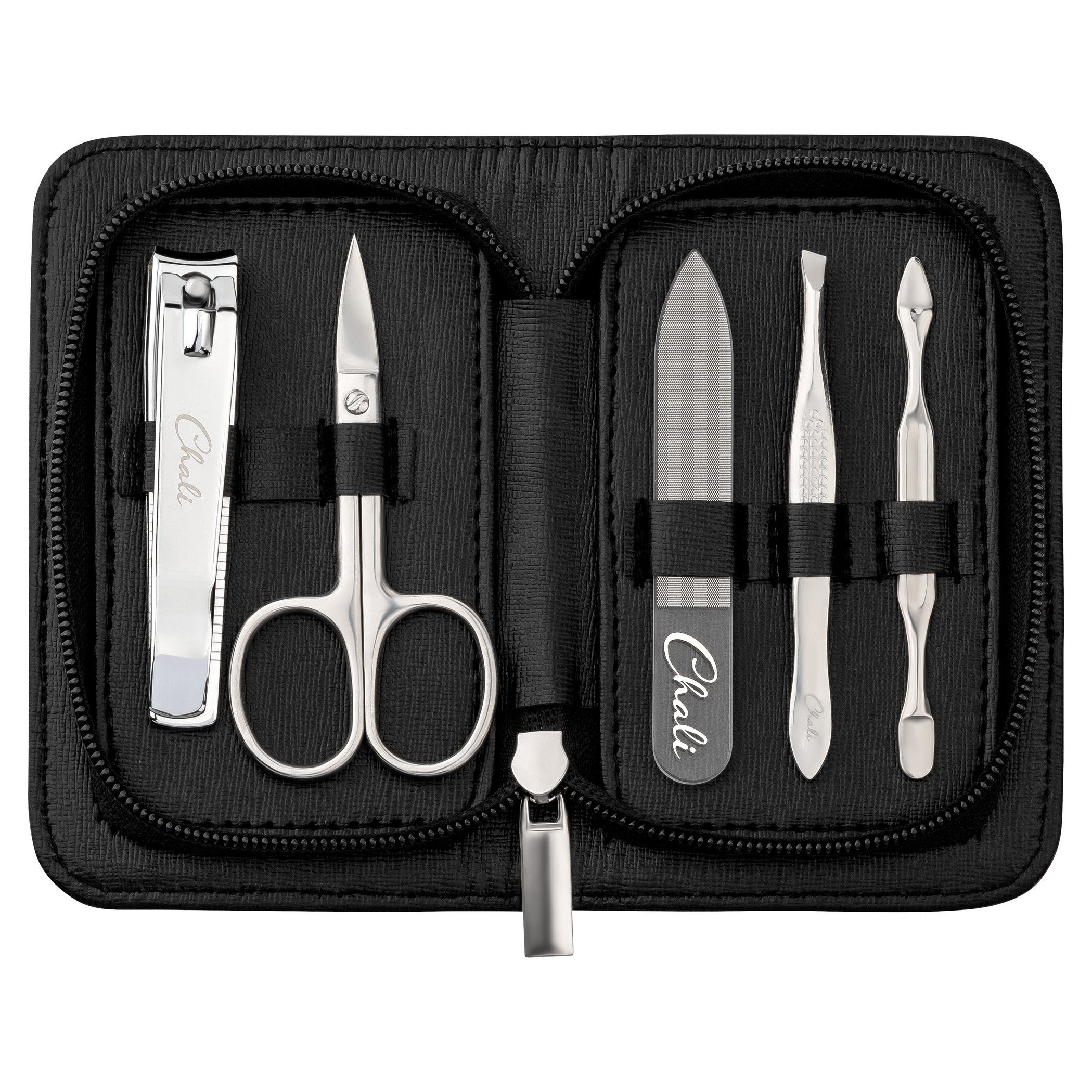 Chali Maniküre-Pediküre-Set Maniküre Set 5-tlg. - Edelstahl Nagelset für Herren und Damen mit Etui, 5-tlg., Schere, Knipser, Glasfeile, Hautschieber, Pinzette, Etui mit Reißverschluss