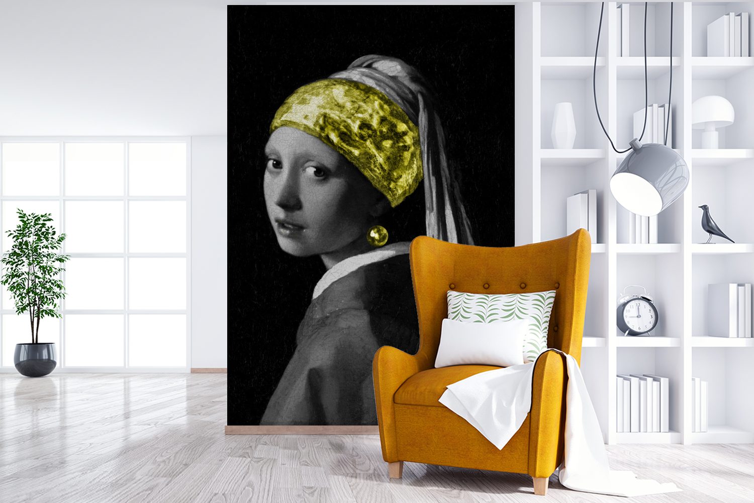 St), mit Montagefertig Wandtapete Gelb, Tapete Matt, bedruckt, MuchoWow (3 Johannes Wohnzimmer, - - für Mädchen einem Perlenohrring Vinyl Fototapete Vermeer