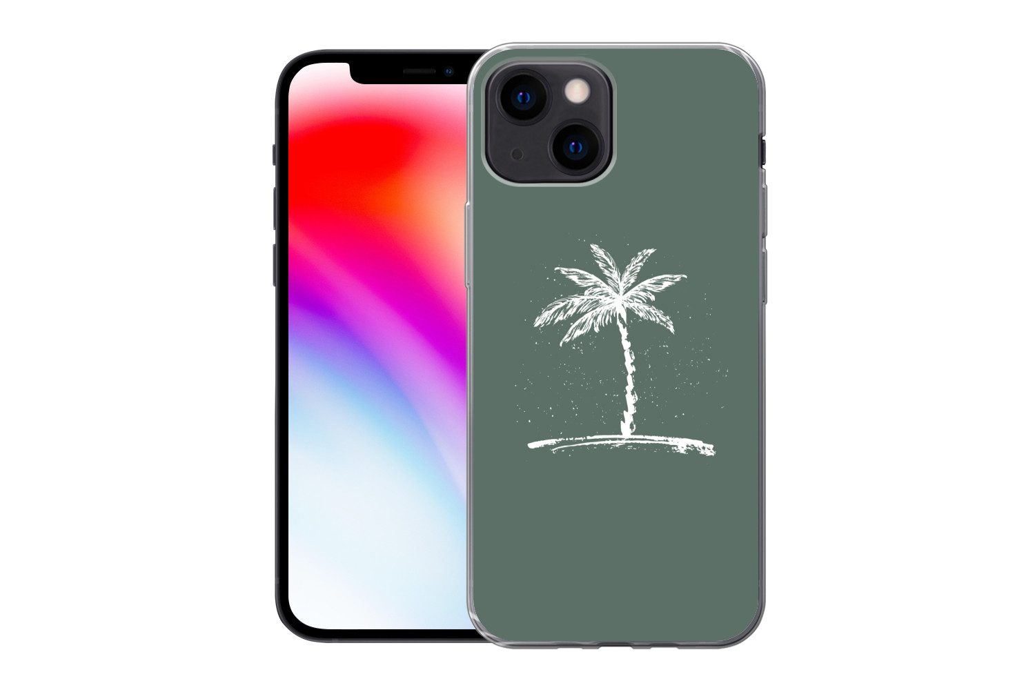 MuchoWow Handyhülle für Apple iPhone 13 mini Palme - Weiß - Grün - Tropisch, Smartphone-Bumper, Print, Handy Schutzhülle Dünn