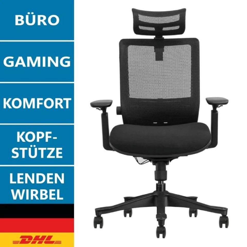 LMG Germany Bürostuhl Ergonomischer Bürostuhl mit Kopfstütze und Lendenwirbelstütze, Kopfstütze & Lendenstütze, Wippmechanik, rutschfestes Fußkreuz