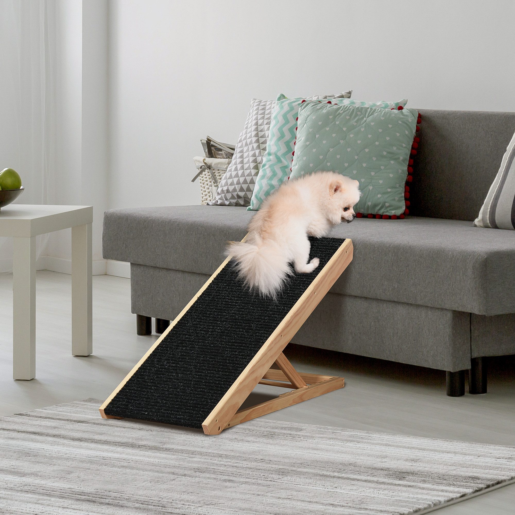 PawHut Hunderampe Haustierrampe mit 4 Einstellbare Höhe Anti-Rutsch-Pad Hundetreppe (Hundeeinstiegshilfe, 1-St., Hundeleiter), Schwarz+Naturholz 90 x 40 x 61 cm