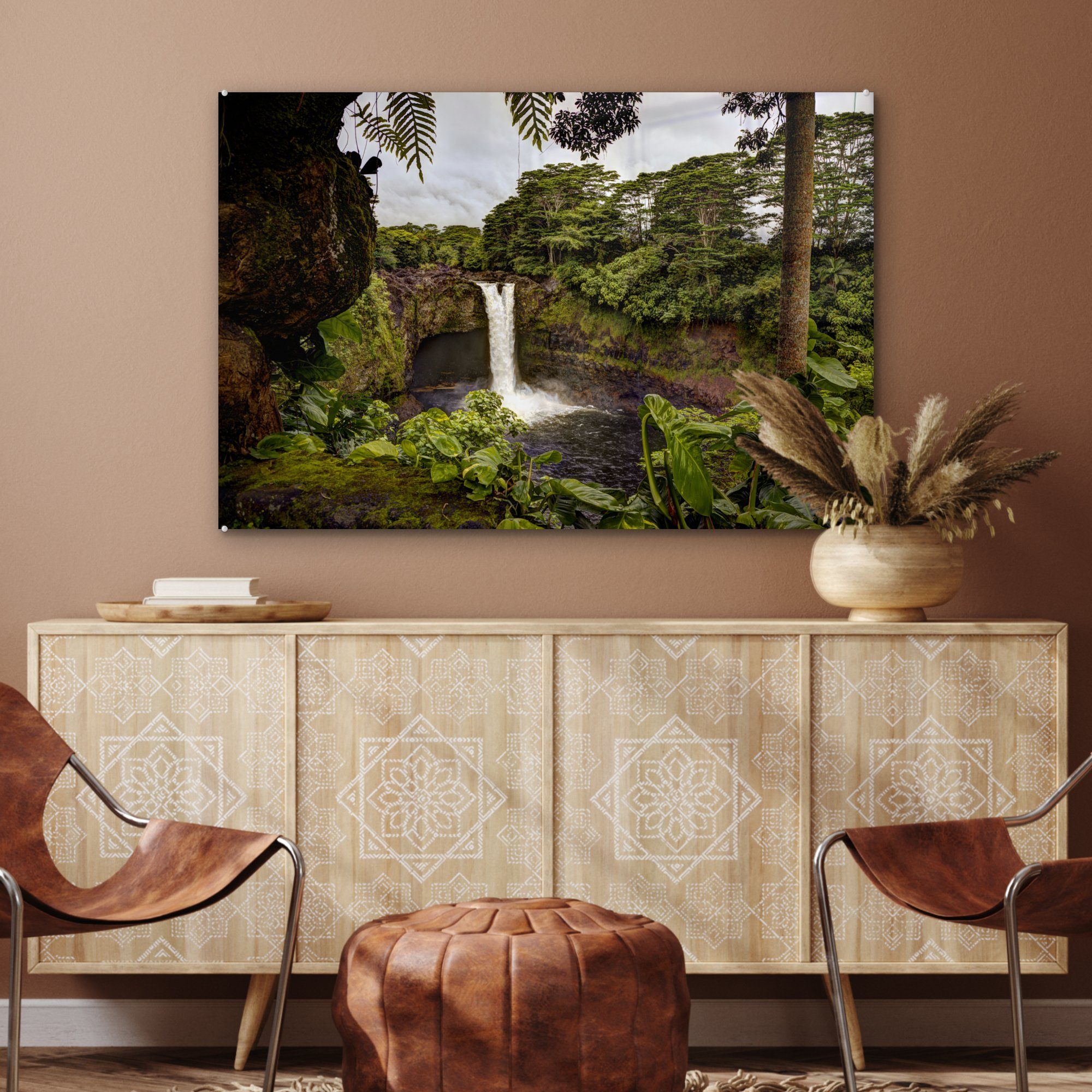 & in Wasserfall Wohnzimmer tropischen Schlafzimmer Acrylglasbilder MuchoWow St), einem Acrylglasbild Wald, (1