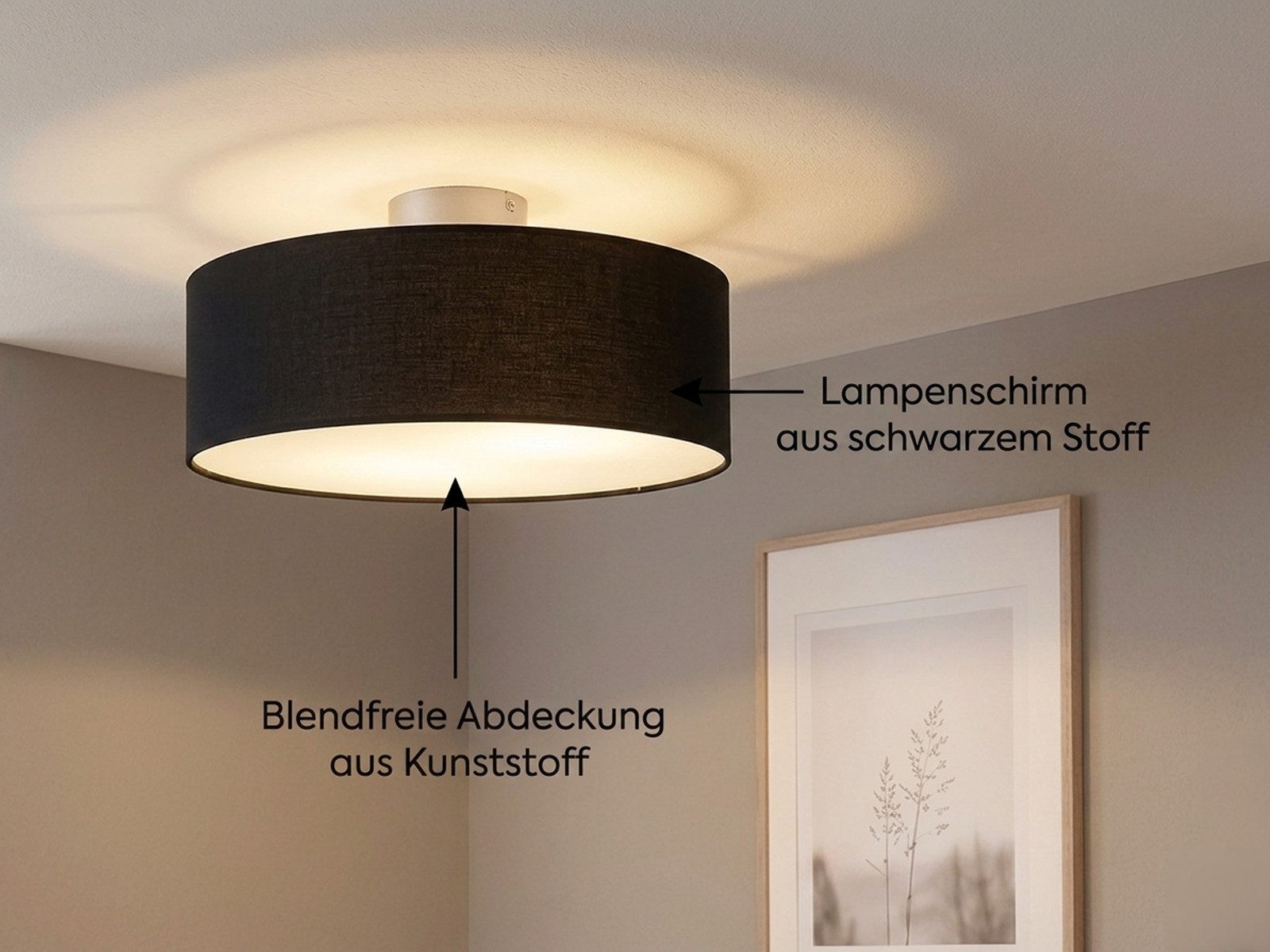 meineWunschleuchte Deckenleuchte mit Stoff Lampenschirm Schwarz Ø 40cm, ohne Leuchtmittel, Stoff-Lampe, gemütliche Deckenlampe, E14 Schlafzimmerlampe rund – Bild 3 von 5