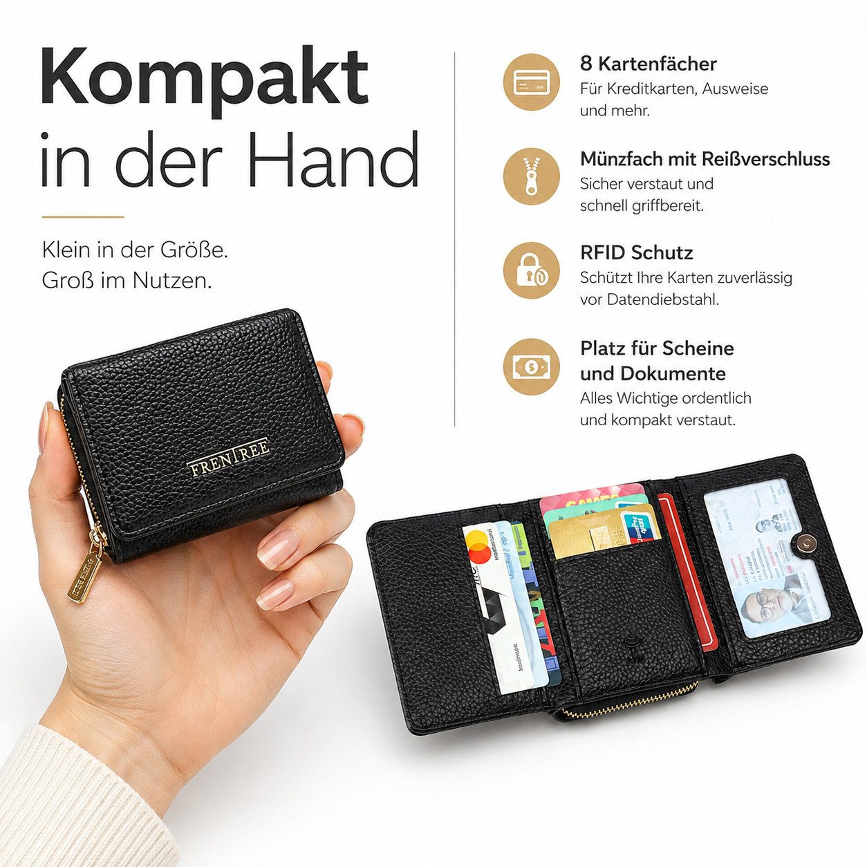 Frentree Geldbörse Damen klein Portemonnaie mit Reißverschluss RFID, 8 Karten, Scheinfach (Kompakte Brieftasche mit zwei separaten, großen Fächern für Dokumente), passt problemlos in Handtasche oder Hosentasche, elegant und praktisch