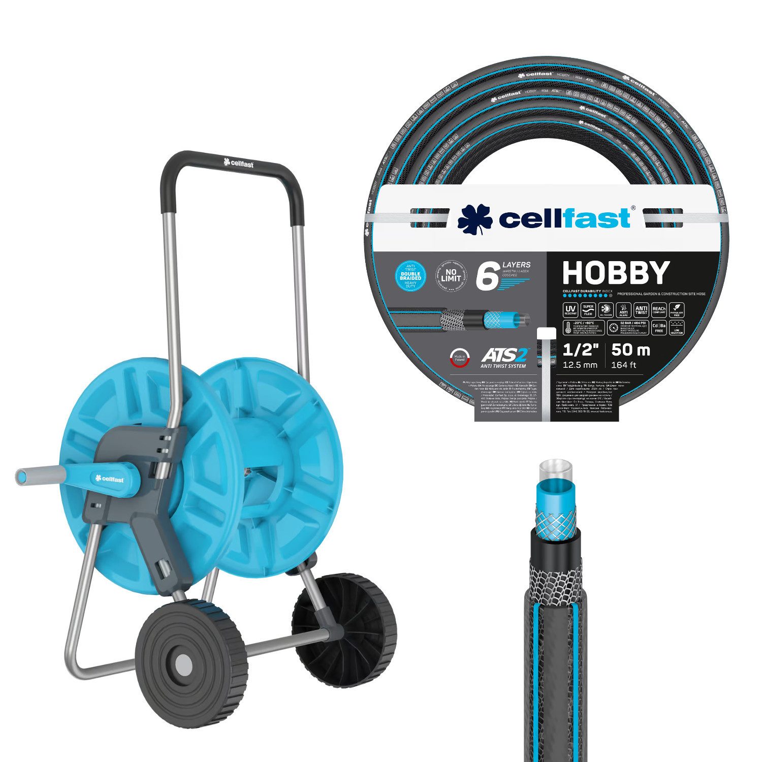 Cellfast Schlauchwagen Aluplus 1/2" 60 m + Gartenschlauch Hobby ATS2 1/2" 50 m, All Season, Anti Algae, Anti Twist