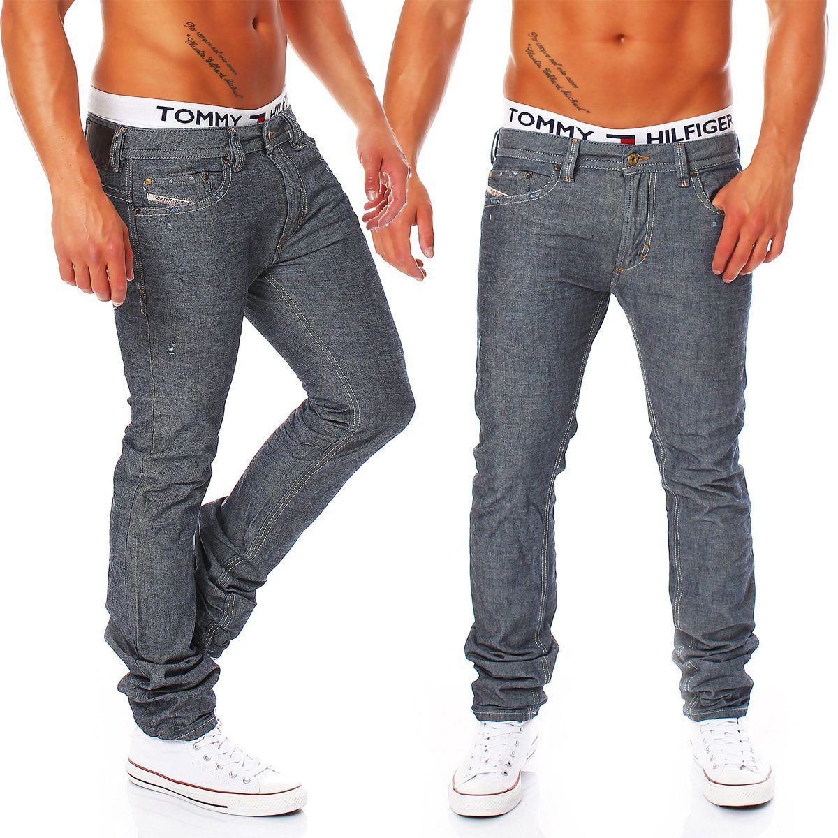 [Toller Preis, solange der Vorrat reicht] Diesel Slim-fit-Jeans Herren Thavar 0809D Style, Pocket 5 Used-Look Dezenter Blau-Grau, Röhrenjeans