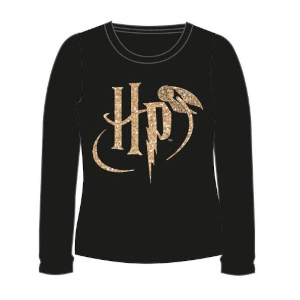 EplusM T-Shirt Harry Potter Langarm-Shirt - goldenes Glitzer-Logo mit Eule - Schwarz