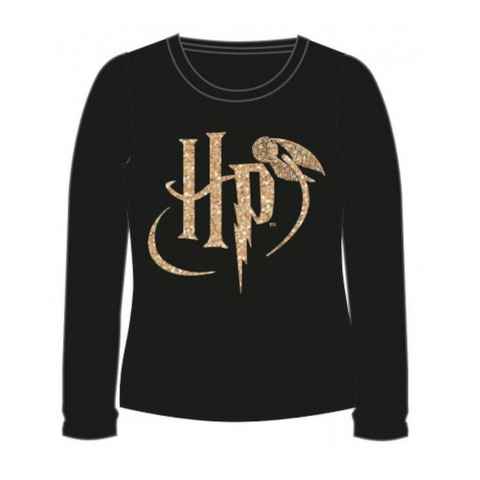 EplusM T-Shirt Harry Potter Langarm-Shirt - goldenes Glitzer-Logo mit Eule - Schwarz
