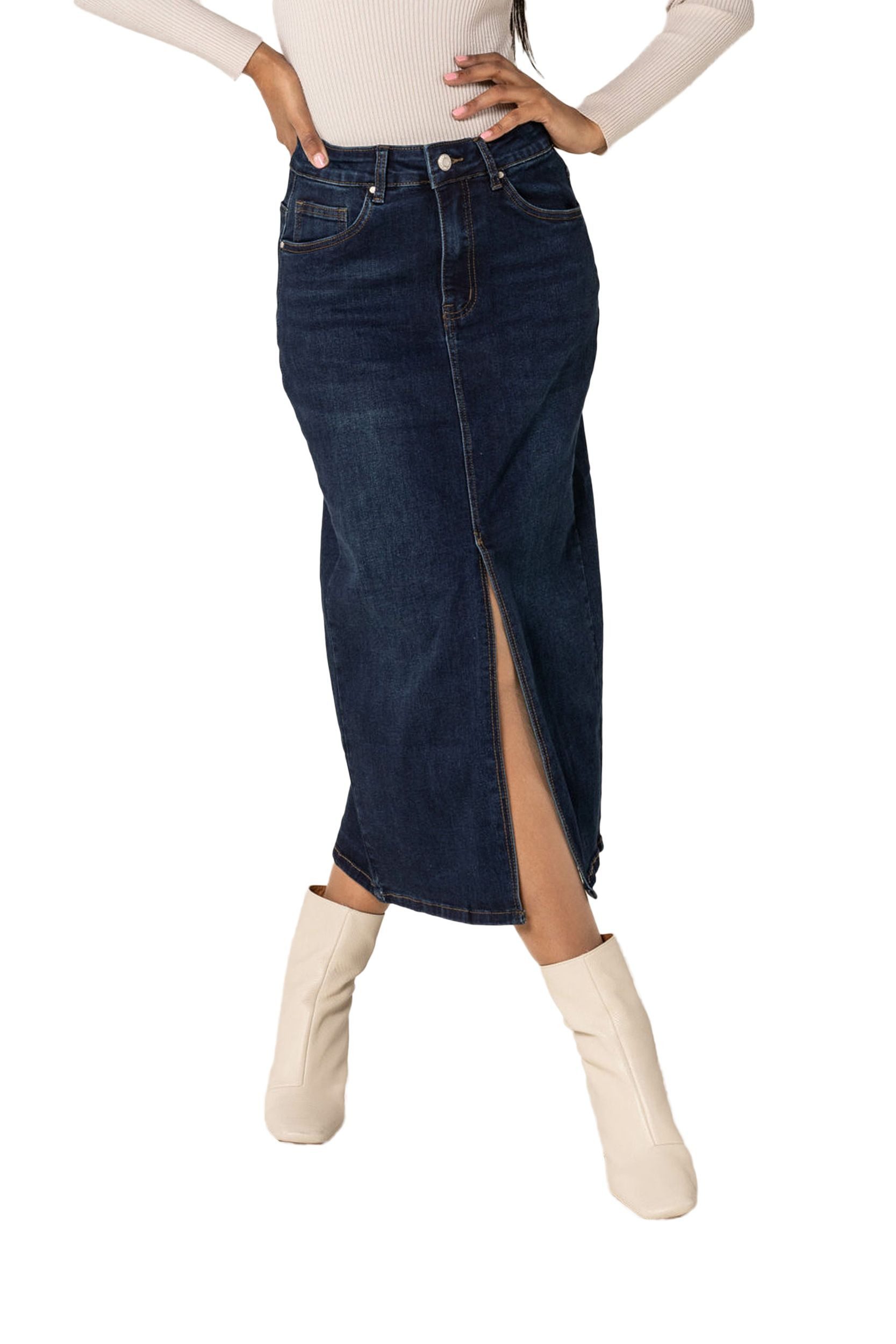Nina Carter Sommerrock Langer mit Schlitz Stretch Denim Midi Denim Midi Skirt