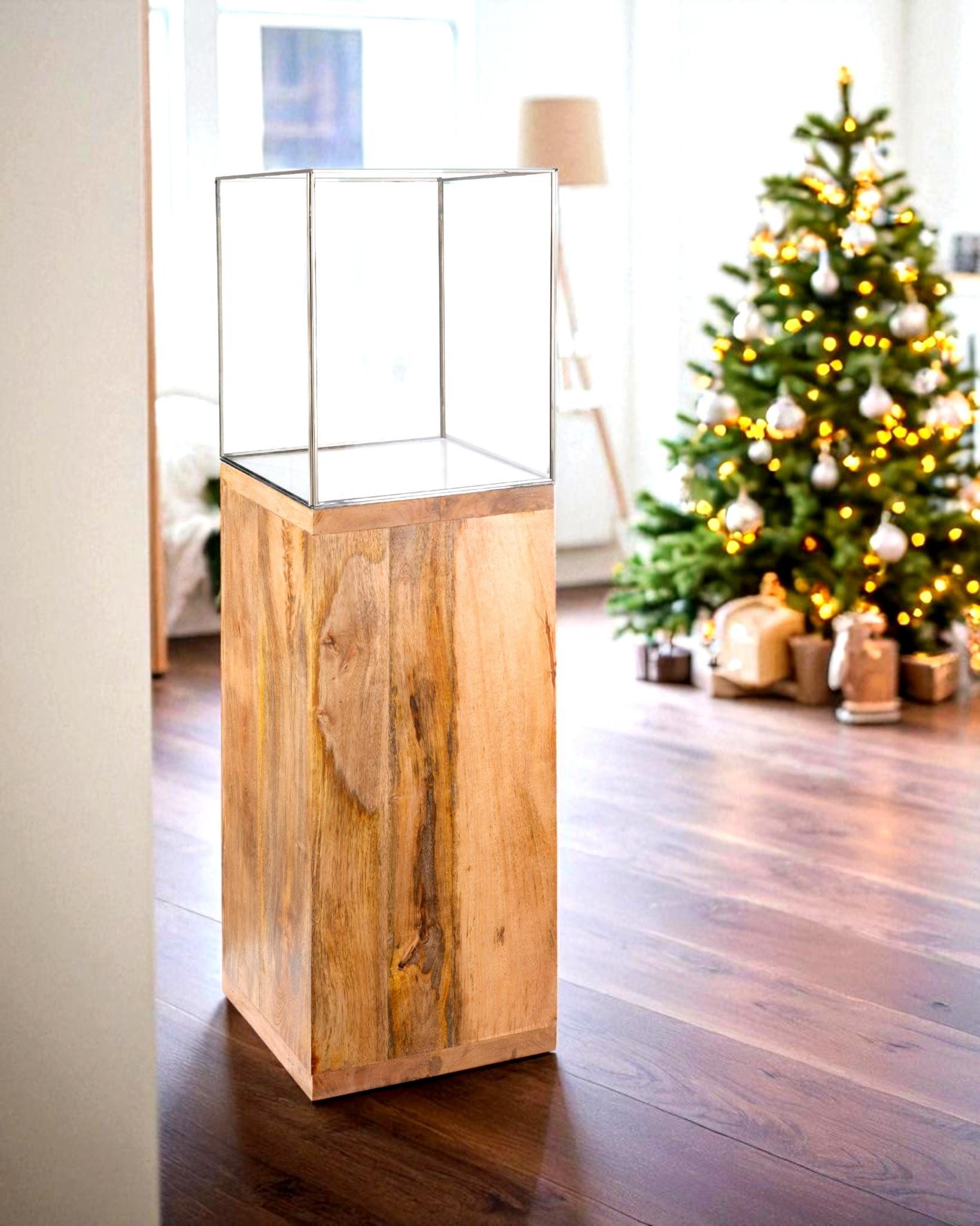 GILDE Bodenwindlicht Windlicht, Свечиhalter Säule, 91.26x26cm, Geschenkidee (1 St., kreative Gestaltungsmöglichkeiten je nach Anlass und Saison), aus massivem, geöltem Mangoholz, inklusive Glasaufsatz