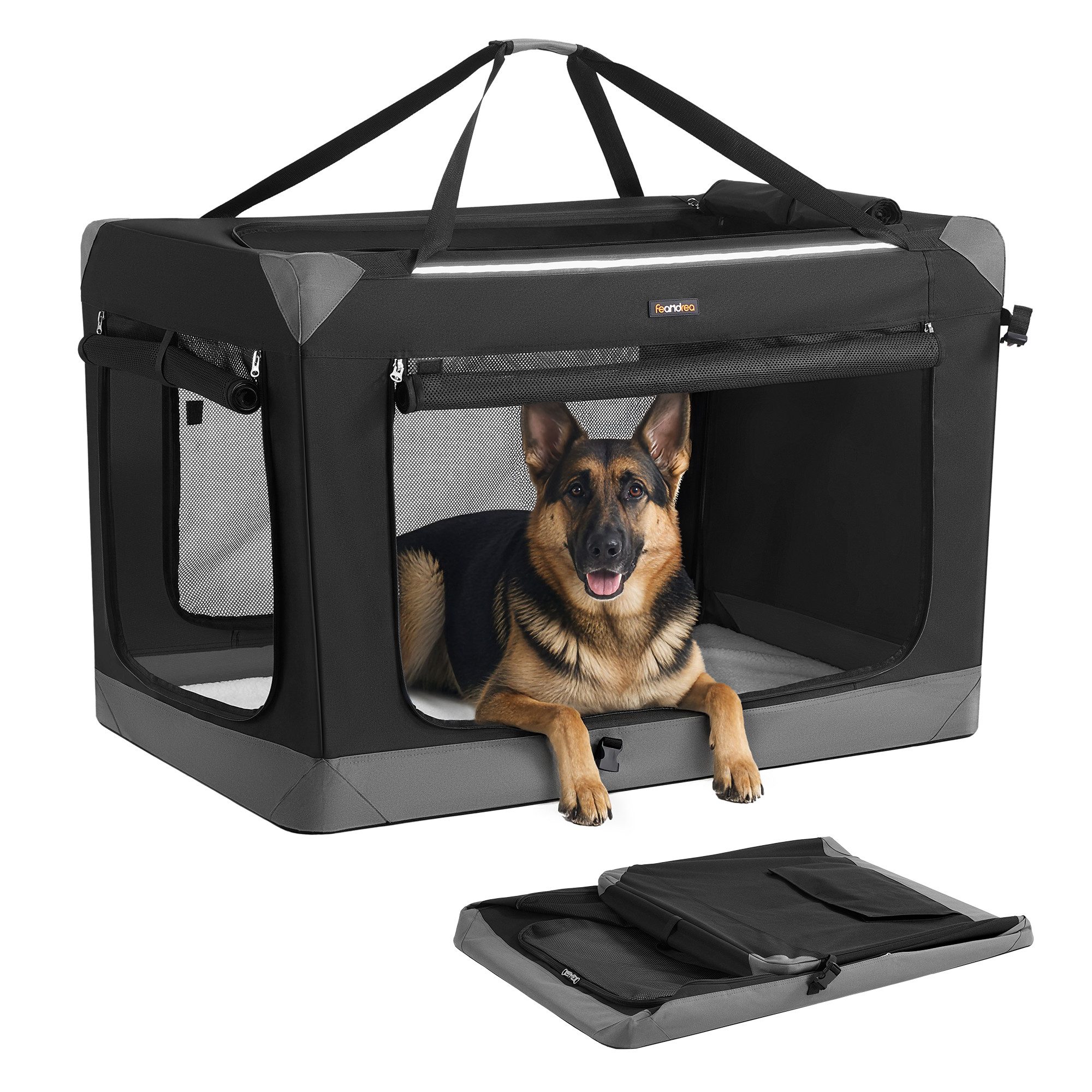 FEANDREA Hunde-Transportbox Hundebox faltbar, Hundetasche, Oxford-Gewebe, tintenschwarz-taubengrau, mit 4 Türen aus Netzstoff, Griffen, Tasche, 106,7 cm, für große Hunde