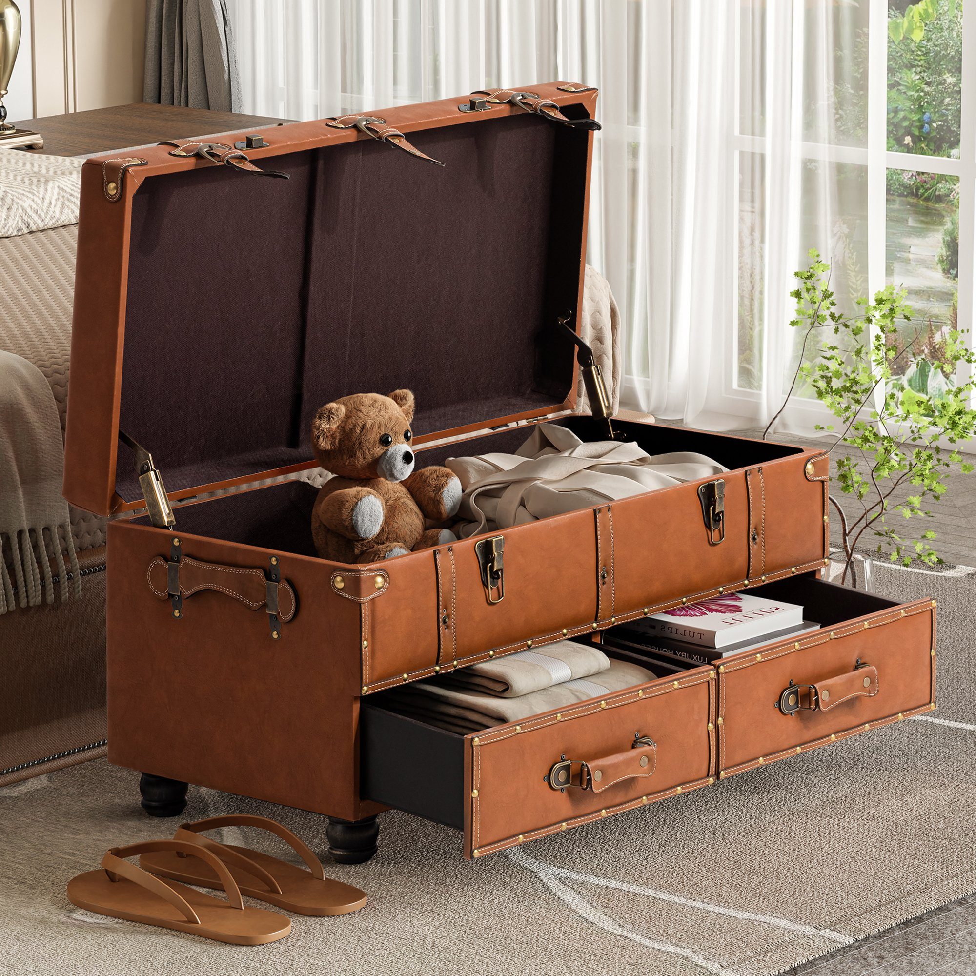 Sitzbank, Vintage-Stil Couchtisch, Hocker, (1-St) Nachttisch-Box Retro-Box HomeGuru Braun Bettbank