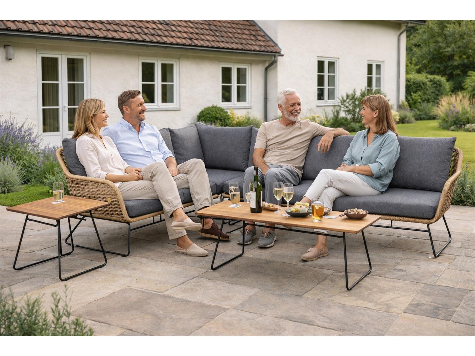 Green Spirit Loungeset »Monaco« Lounge Set Rattan Ecklounge Loungemöbel Gartenmöbel Gruppe, (Set, 6-tlg., Teakholz-Tischplatte), Polyrattan, grau, 5 Personen, wetterfest, Garten, Terrasse, Outdoor