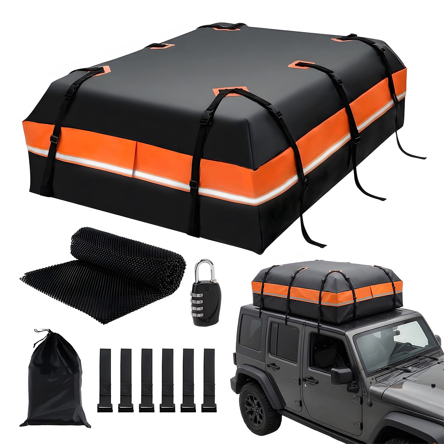 AKKEE Dachbox Auto 600L Faltbare Wasserdicht mit Schloss Türhaken Tragetasche, 132 x 100 x 43 cm