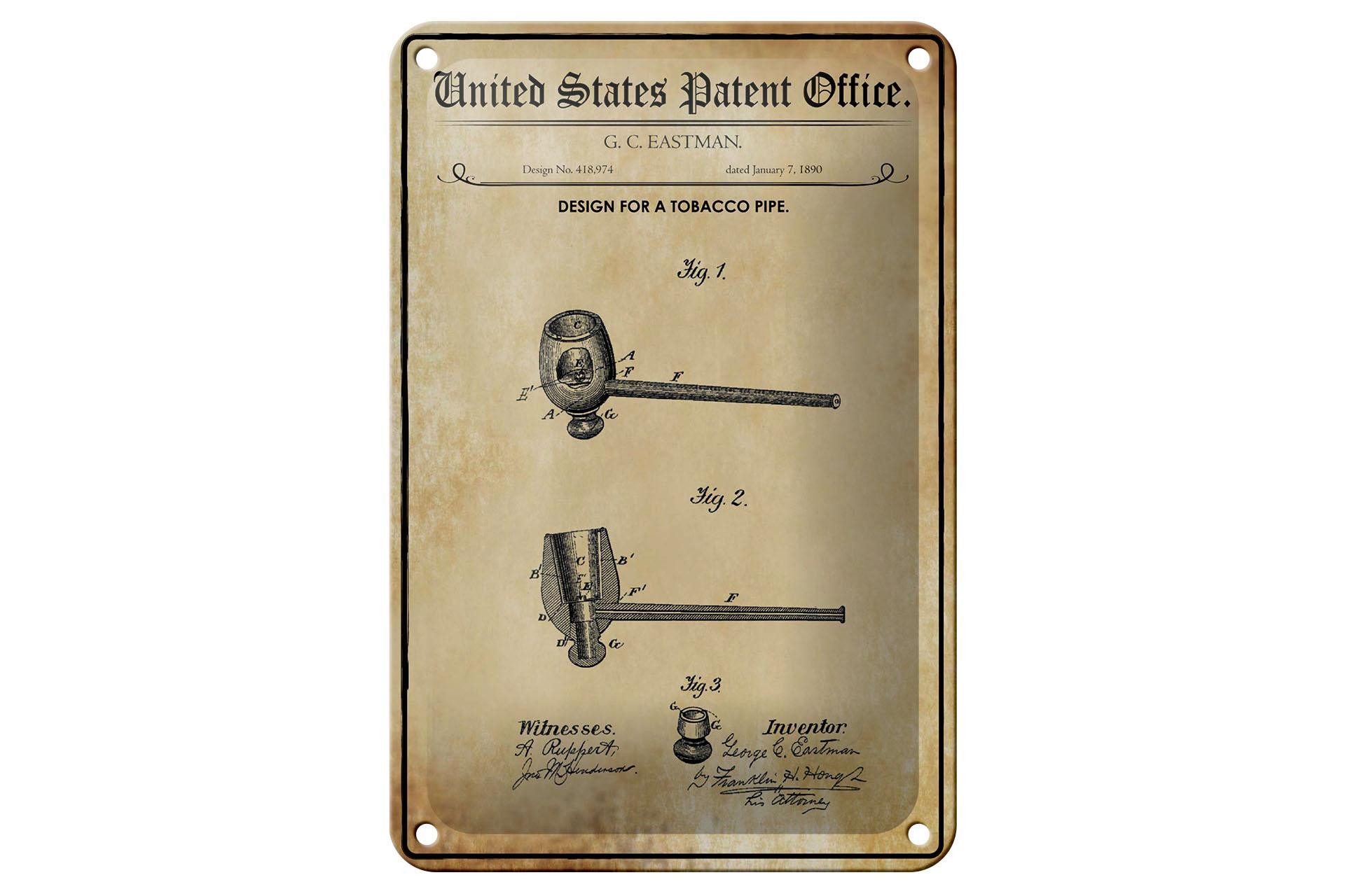 Femer GmbH Metallschild Patent 12x18 cm Entwurf für eine Tabak-Pfeife, (1 St), gewölbte Oberfläche, abgerundete Ecken, umgeschlagene Kanten