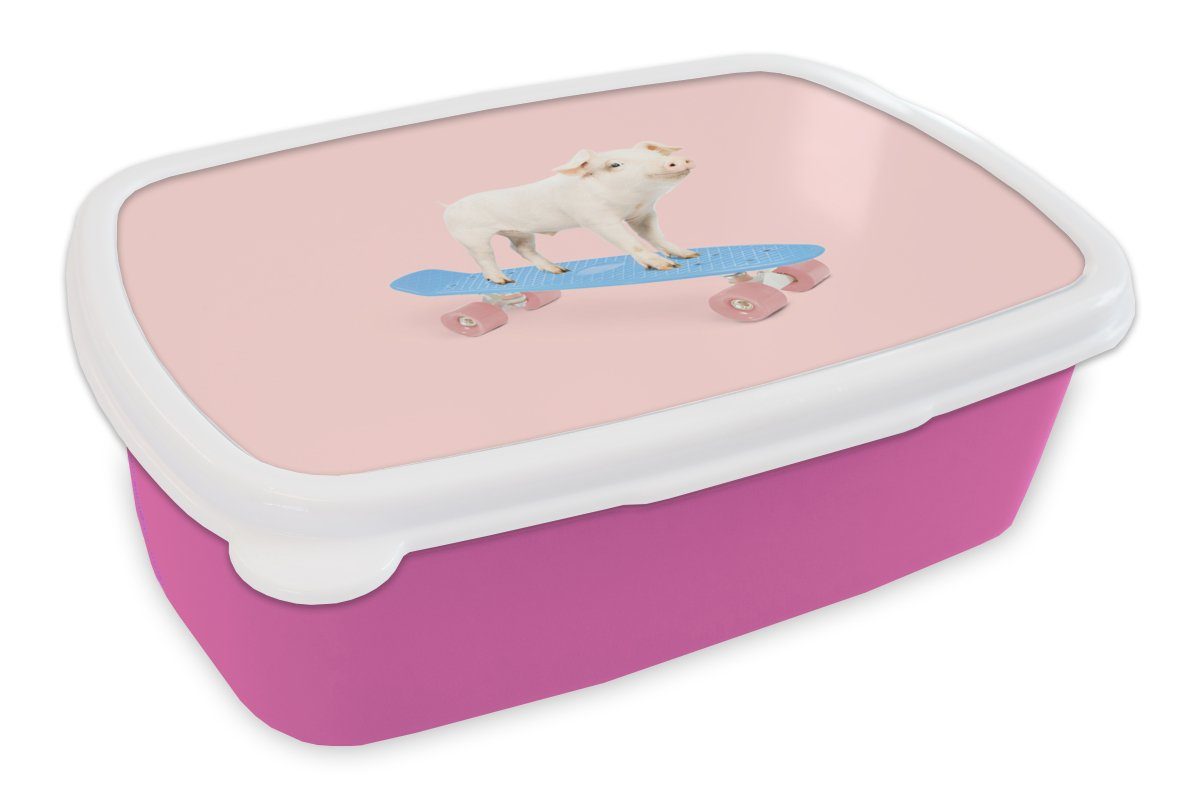 MuchoWow Lunchbox Schwein - Rosa - Skateboard - Blau - Tiere, Kunststoff, (2-tlg), Brotbox für Erwachsene, Brotdose Kinder, Snackbox, Mädchen, Kunststoff