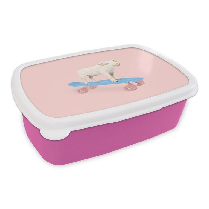 MuchoWow Lunchbox Schwein - Rosa - Skateboard - Blau - Tiere Kunststoff (2-tlg) Brotbox für Erwachsene Brotdose Kinder Snackbox Mädchen Kunststoff