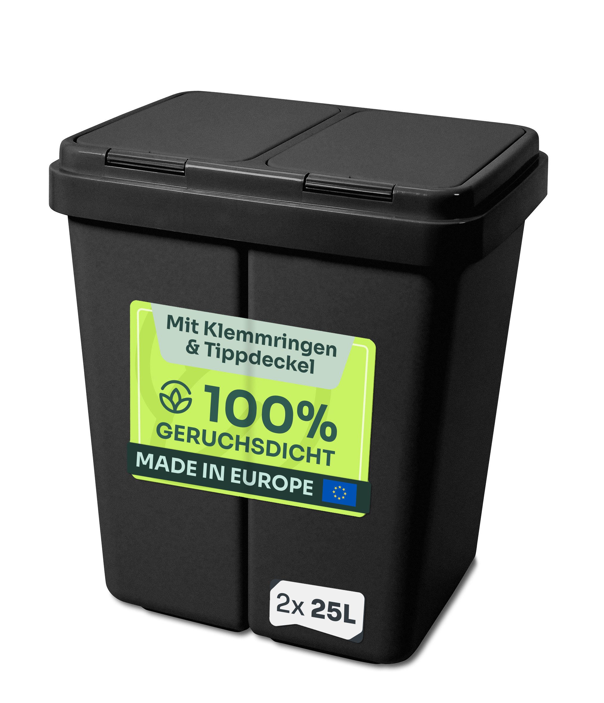 Gardissimo Mülltrennsystem Duo Bin schwarz Müllsortierer Doppel Mülltonne Abfalleimer 2 fach, 2 mal 25 Liter Fassungsvermögen / mit Tippdeckel und Klemmringen