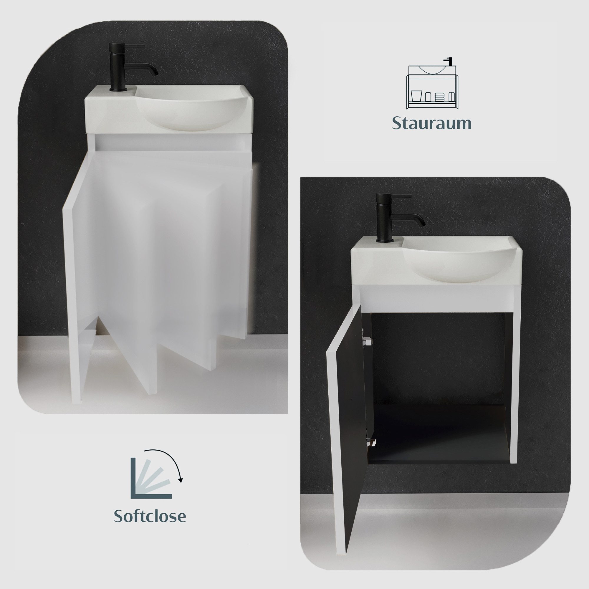 Alpenberger Badezimmer-Set Gäste WC Waschbecken mit Unterschrank hängend 45 cm Weiß, (Kleines Badmöbel Set aus MDF/MFC, 2-St., Vormontierter Waschbeckenuntersch – Bild 4 von 5