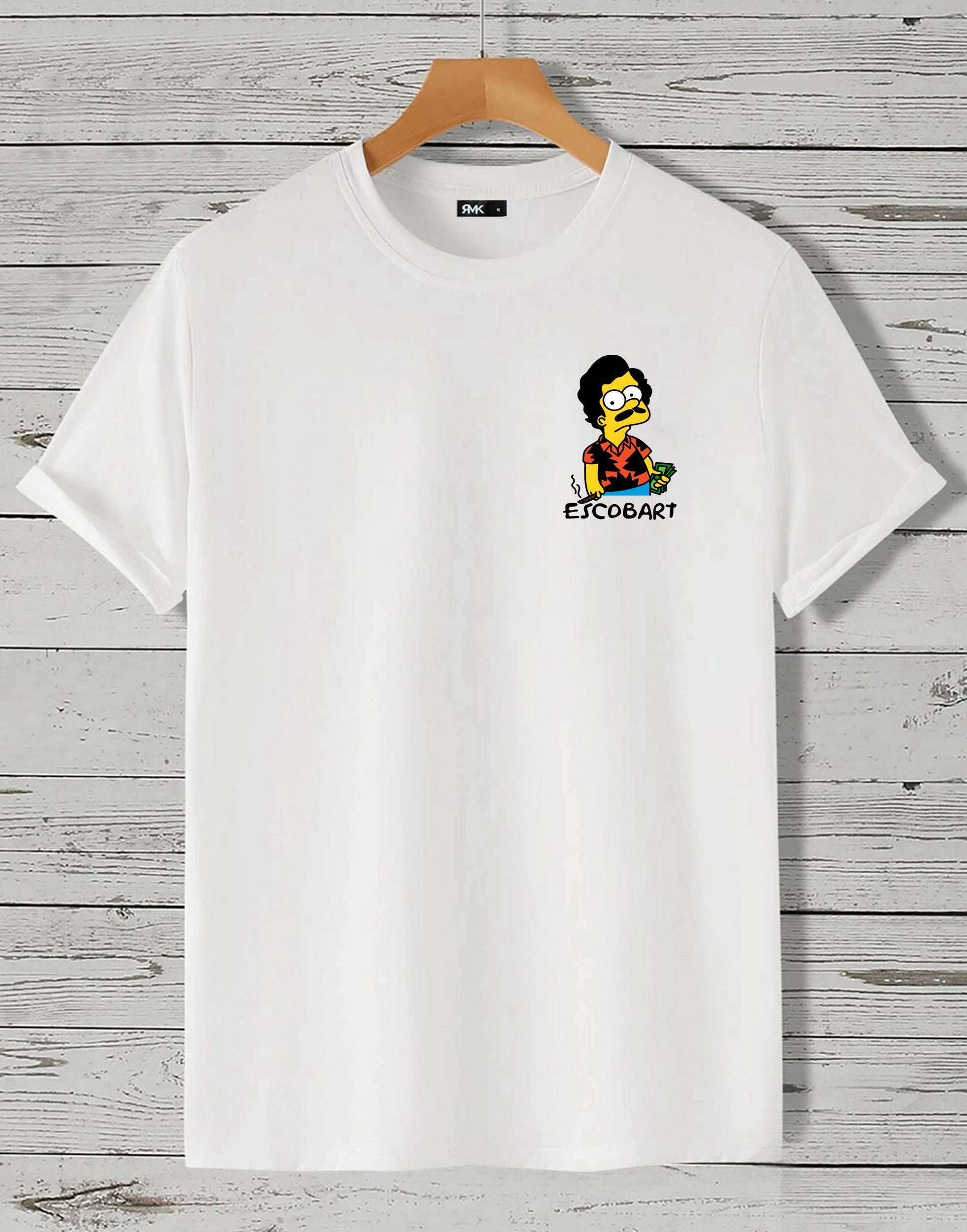 RMK T-Shirt Basic Shirt Freizeit Rundhals Mafia Gangster Escobar Bart in Unifarbe, aus Baumwolle, mit lizenzierstem Print Weiß (mit kleinem Logo)