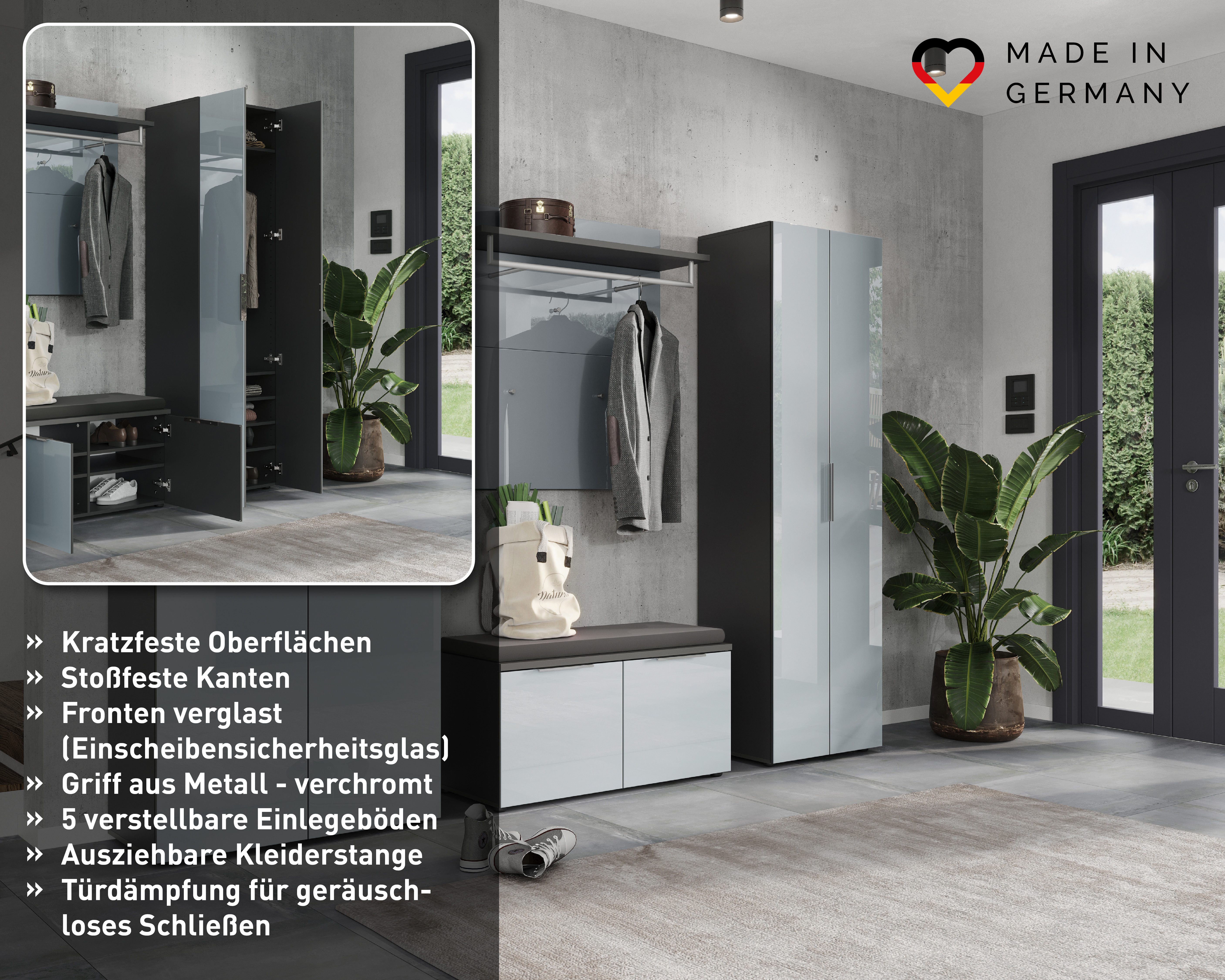 GERMANIA Garderobenschrank Oakland mit Glasfront Breite: 59cm, Türdämpfung,verstellb. Böden, Metallgriffe aus Chrom