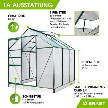 BRAST Gewächshaus ALU mit Fundament rostfrei 190x190x195cm TÜV geprüft, wetterfestes hochwertiges Aluminium