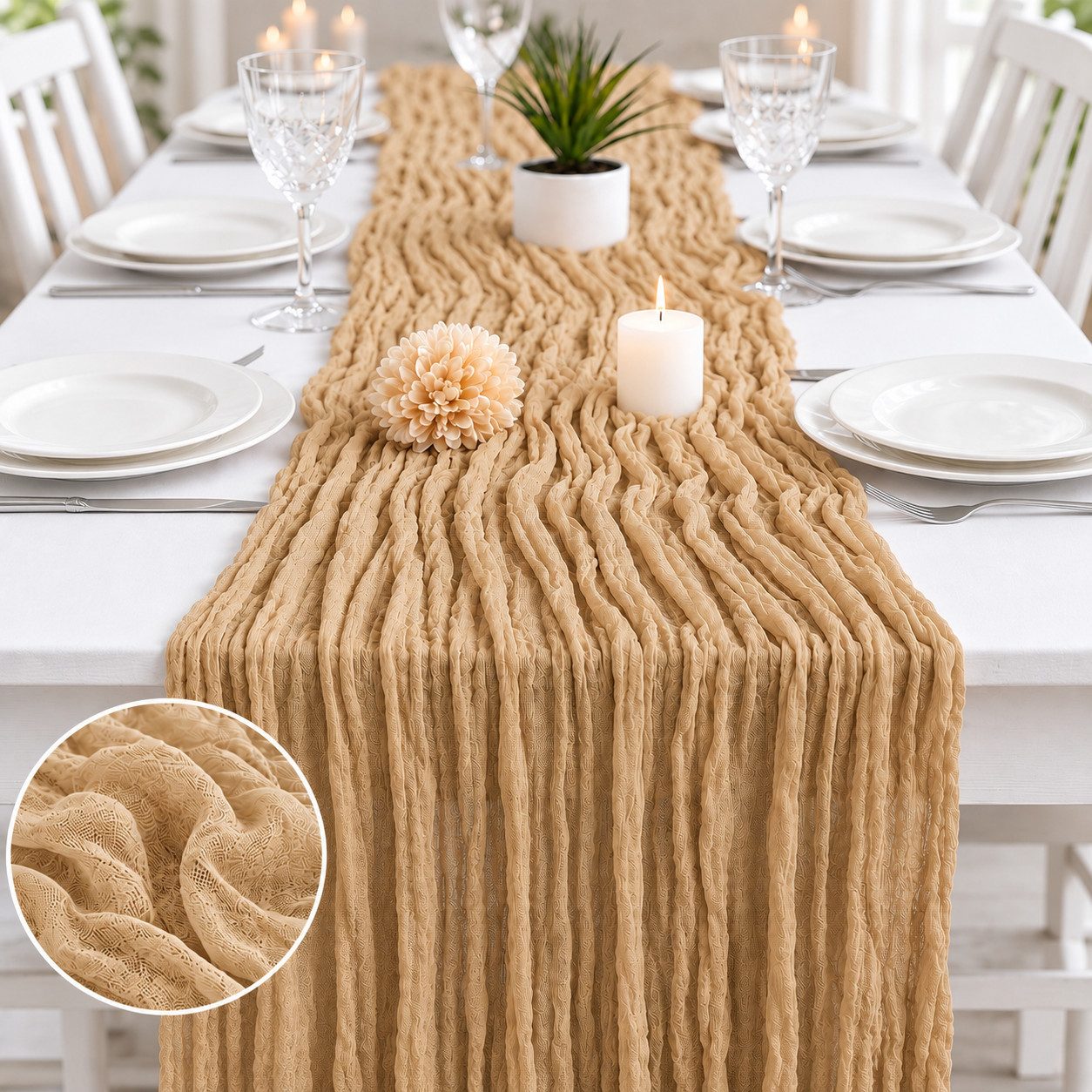 JASLIFE Tischläufer Käsetuch Gaze im boho deko herbst tischläufer (10-tlg, 55 x 300 cm, 90 x 300 cm), Natürliche Faltenstruktur, weich fallend, vielseitig dekorierbar
