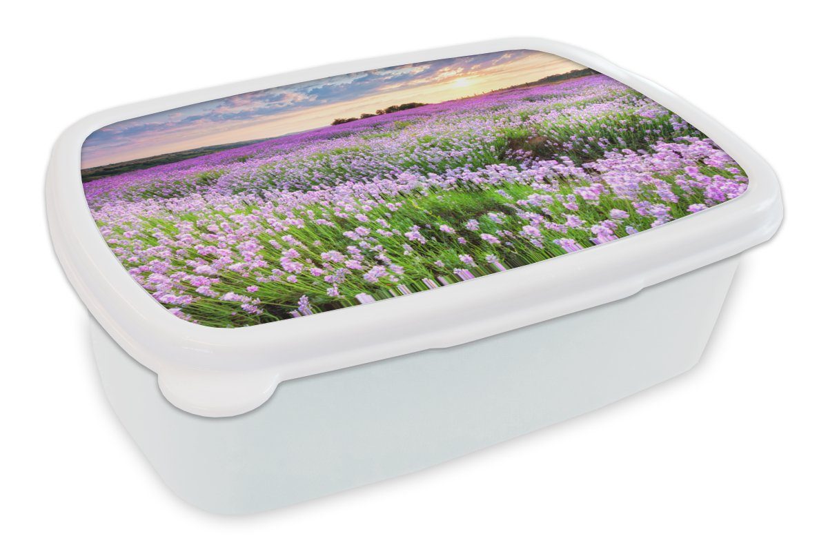 MuchoWow Lunchbox Blumen - Lavendel - Lila - Himmel - Sonnenuntergang - Wiese - Natur, Kunststoff, (2-tlg), Brotbox für Kinder und Erwachsene, Brotdose, für Jungs und Mädchen weiß