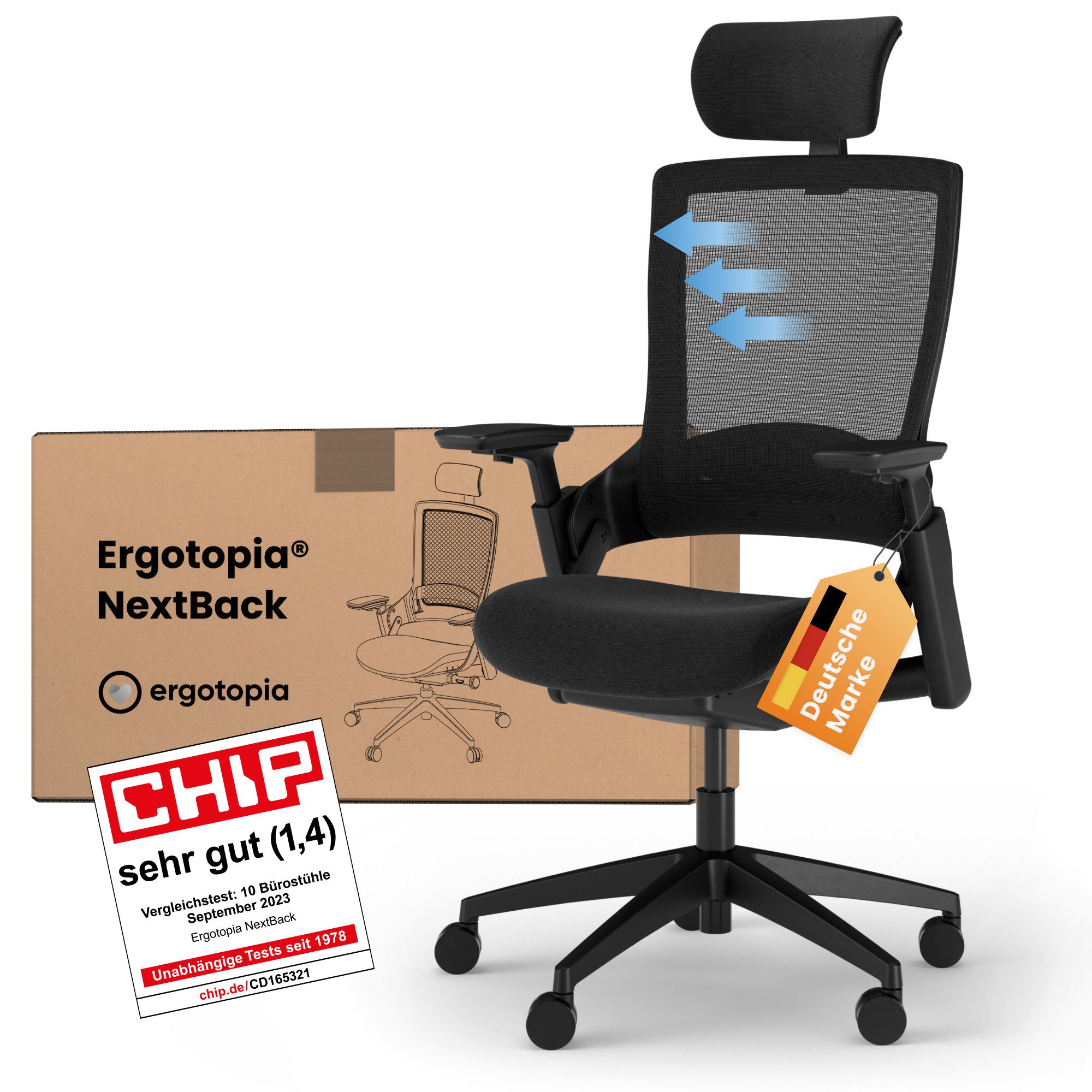 Ergotopia Bürostuhl ergonomischer Schreibtischstuhl NextBack, Drehstuhl mit 3D Armlehnen & verstellbarer Kopfstütze