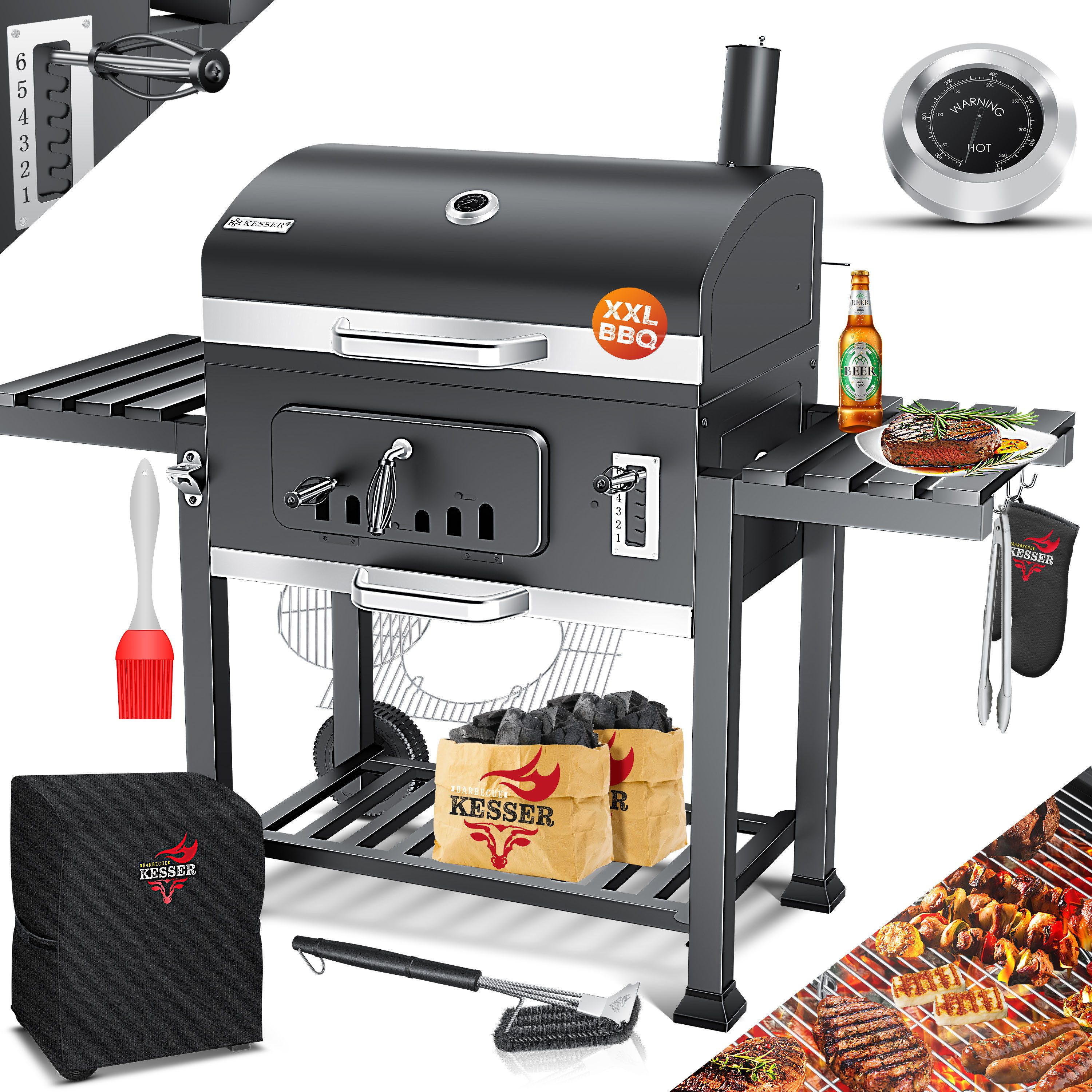 KESSER Holzkohlegrill Grillwagen BBQ Smoker XXL Holzkohlegrill mit Deckel, Rädern, Edelstahl-Griff, Thermometer, Grillrost, Standgrill, Kohlegrillwagen