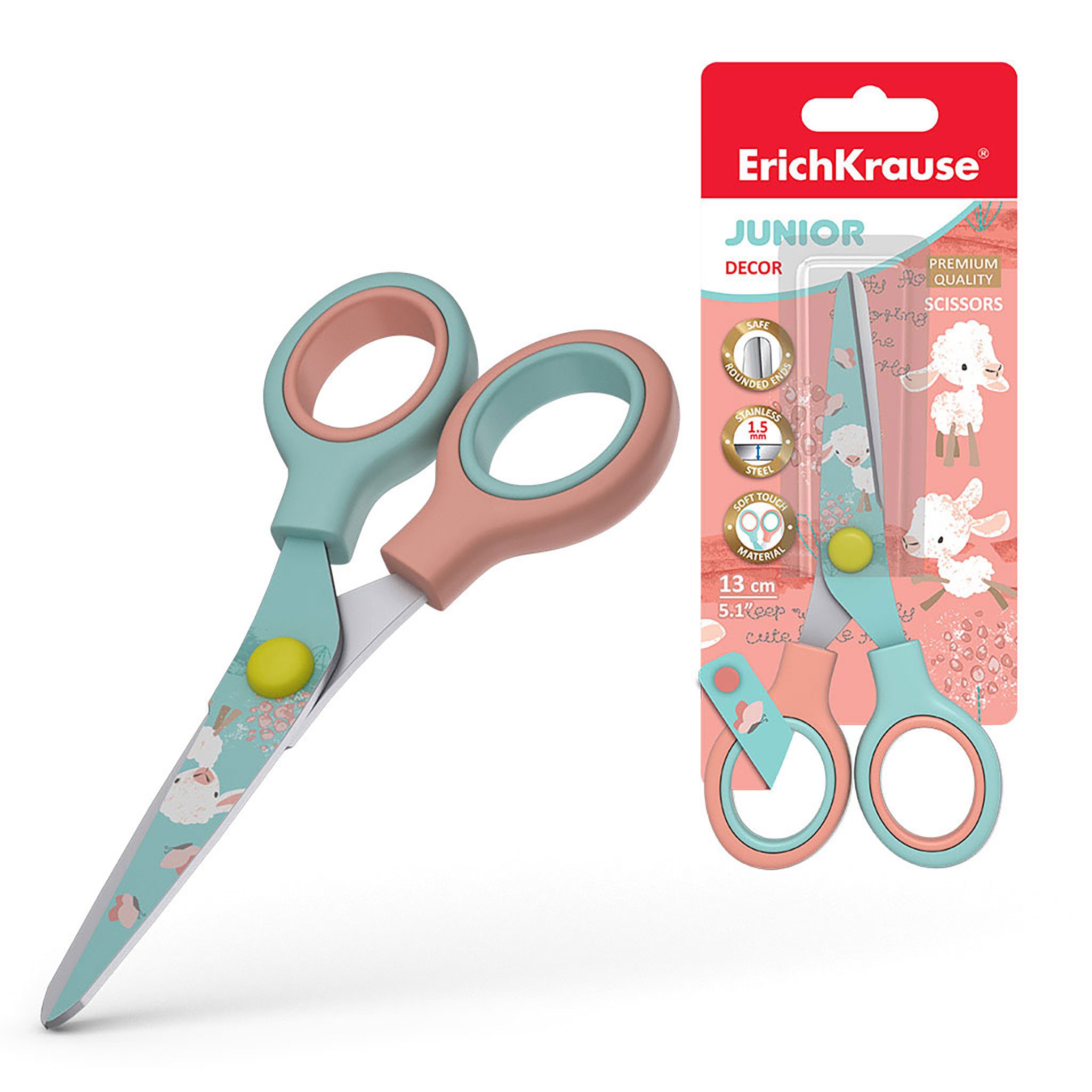 Erich Fend Papierscheren, Kinderschere Junior 13cm mit Schaf Motiv abgerundete Spitzen Pastell
