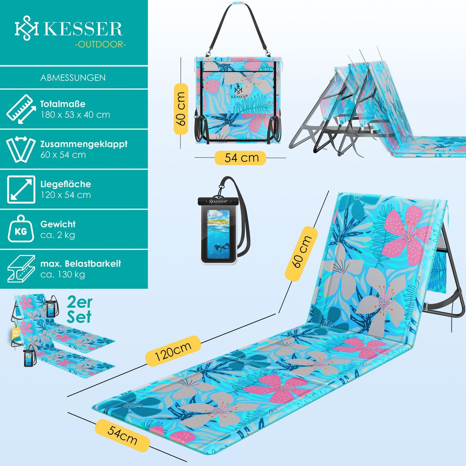 KESSER Gartenliege Strandmatte klappbar mit verstellbarer Rückenlehne max. 130 kg, 2 St., Strandliege mit Tragegurt, wasserdichter Handyhülle & Tragetasche, Sonnenliege faltbar für Strand, Garten & Terrasse Liegematte