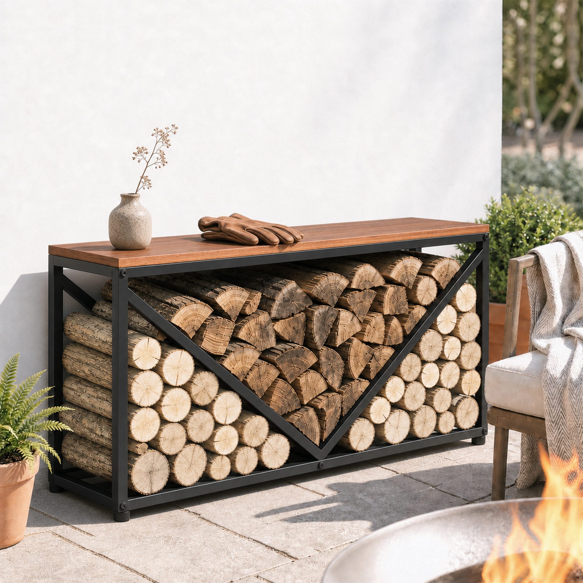 Outsunny Kaminholzregal Kaminholzständer mit Trennwand, BxTxH:98x28x50 cm, (Set, 1-St., Brennholzregal), 2-in-1 Holzregal & Beistelltisch, 50 kg