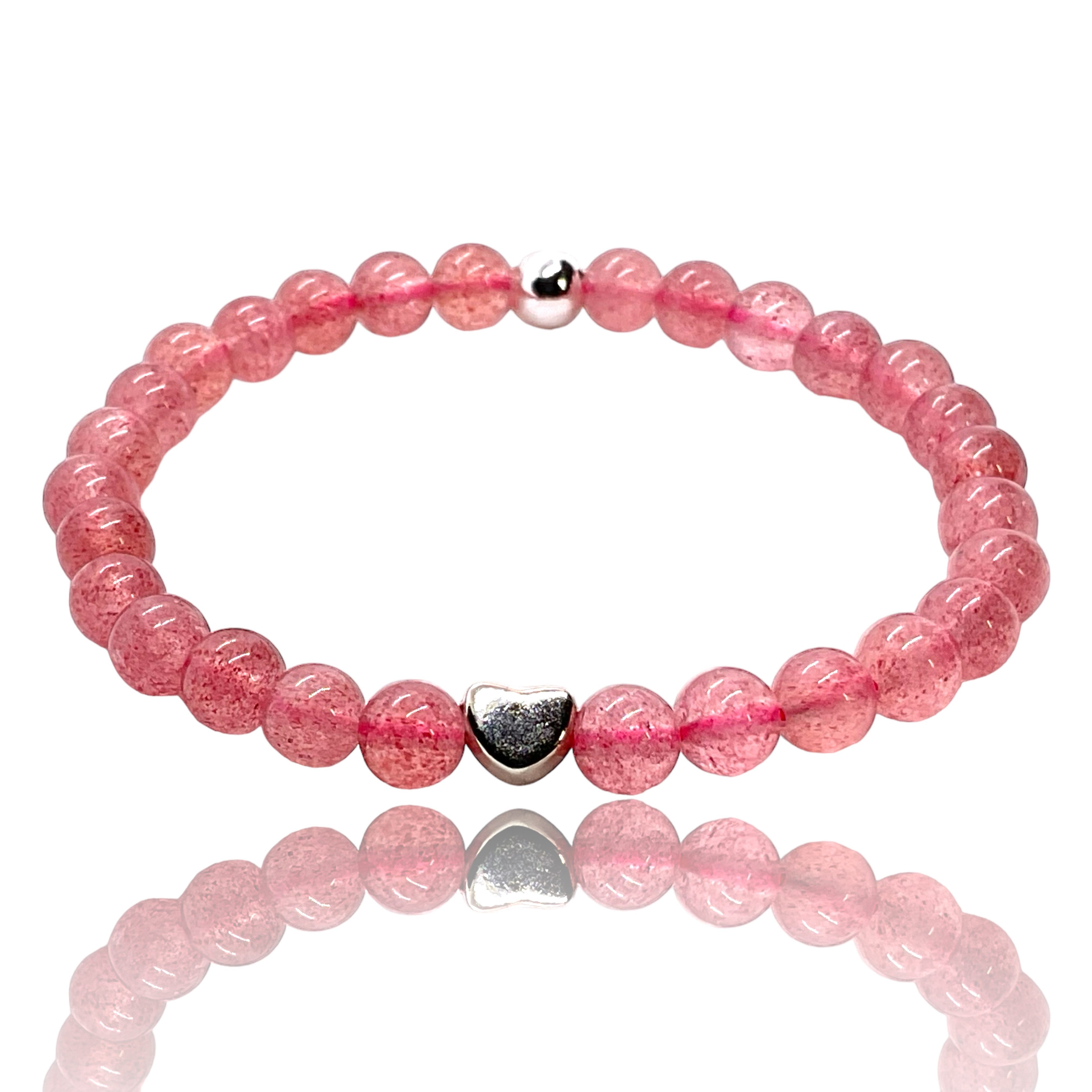 Perlenarmband Edelstein Erdbeerquarz mit 925 Silberperle und Herz incl. Geschenkbox