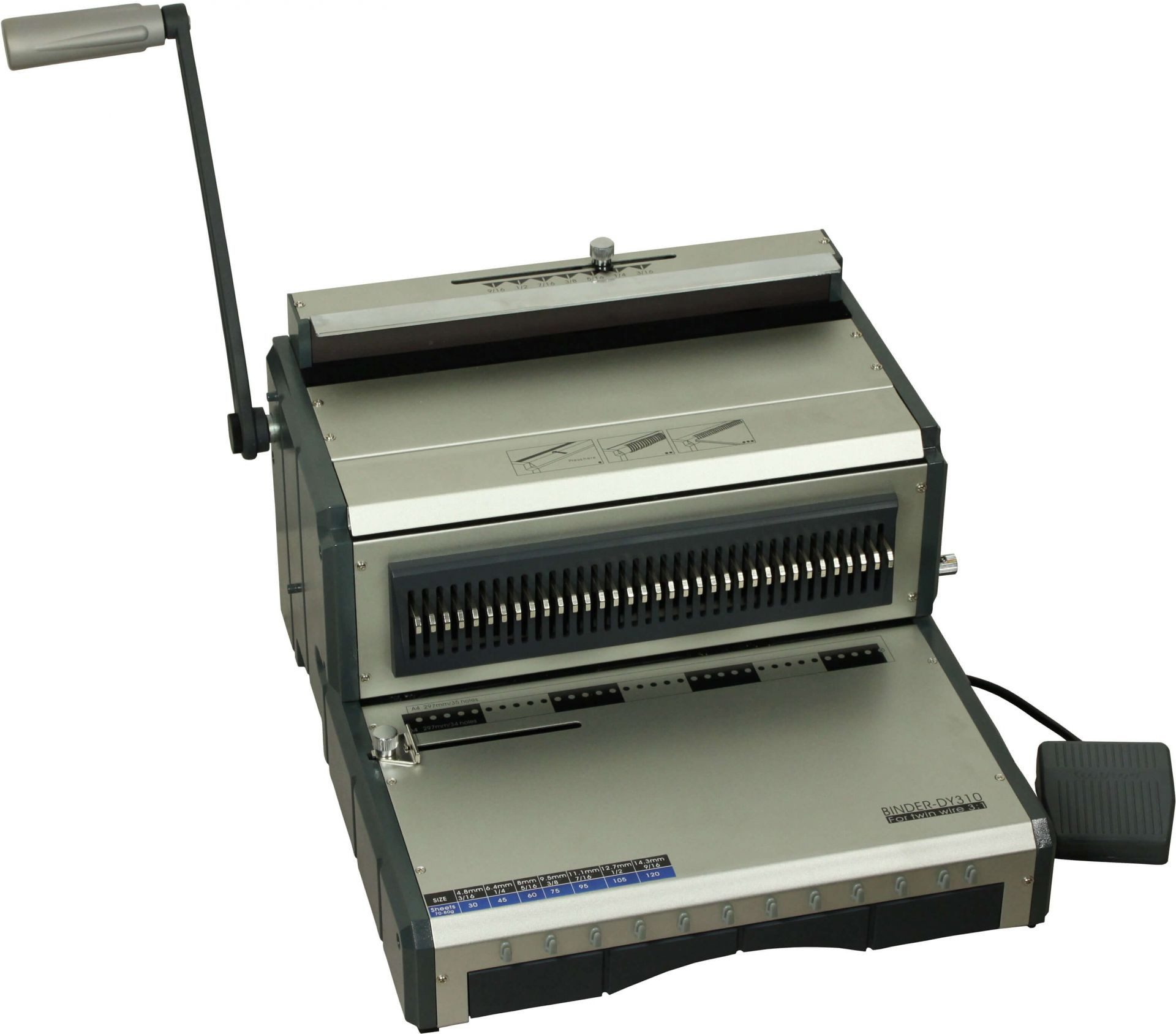 LMG Germany Drahtbindegerät DY310 Drahtbindegerät - elektrisch, runde Löcher, 34 Ringe 3:1, Elektrische Stanzung, manuelle Bindung, 34 Ringe, Fußpedal, 20 Blatt