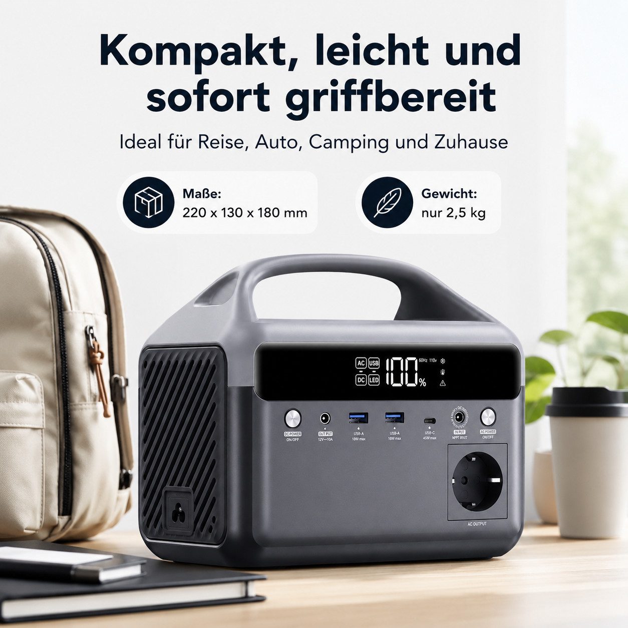 Goldstern-Tech Powerstation Tragbarer Stromspeicher 192 Wh LiFePO4-Akku 60000 mAh (12 V), 600 W Spitzenleistung, USB-C 45 W, LED-Licht